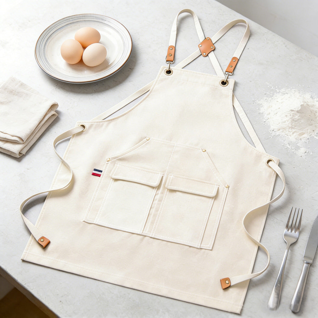 Anna-Kaci Cotton Kitchen Apron with Cross Back Straps Multi Pocket Utility Apron for Cooking Baking Craft