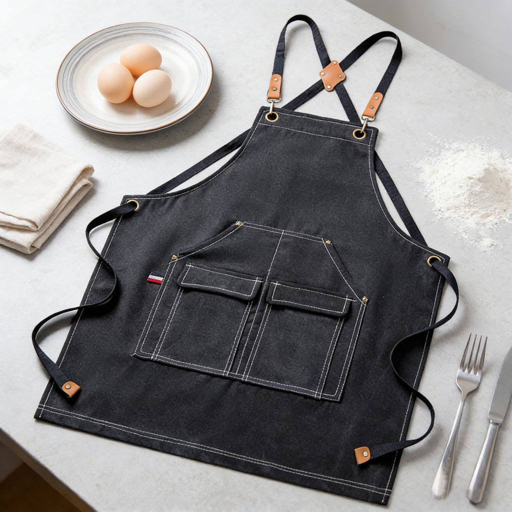 Anna-Kaci Cotton Kitchen Apron with Cross Back Straps Multi Pocket Utility Apron for Cooking Baking Craft