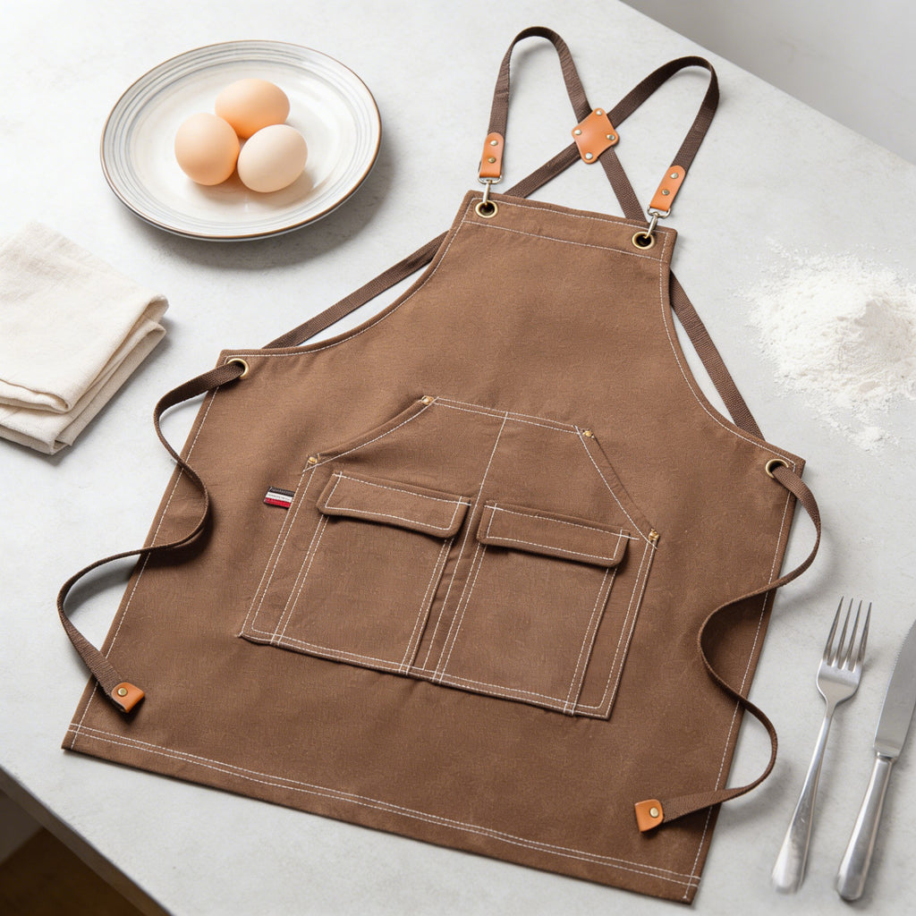 Anna-Kaci Cotton Kitchen Apron with Cross Back Straps Multi Pocket Utility Apron for Cooking Baking Craft