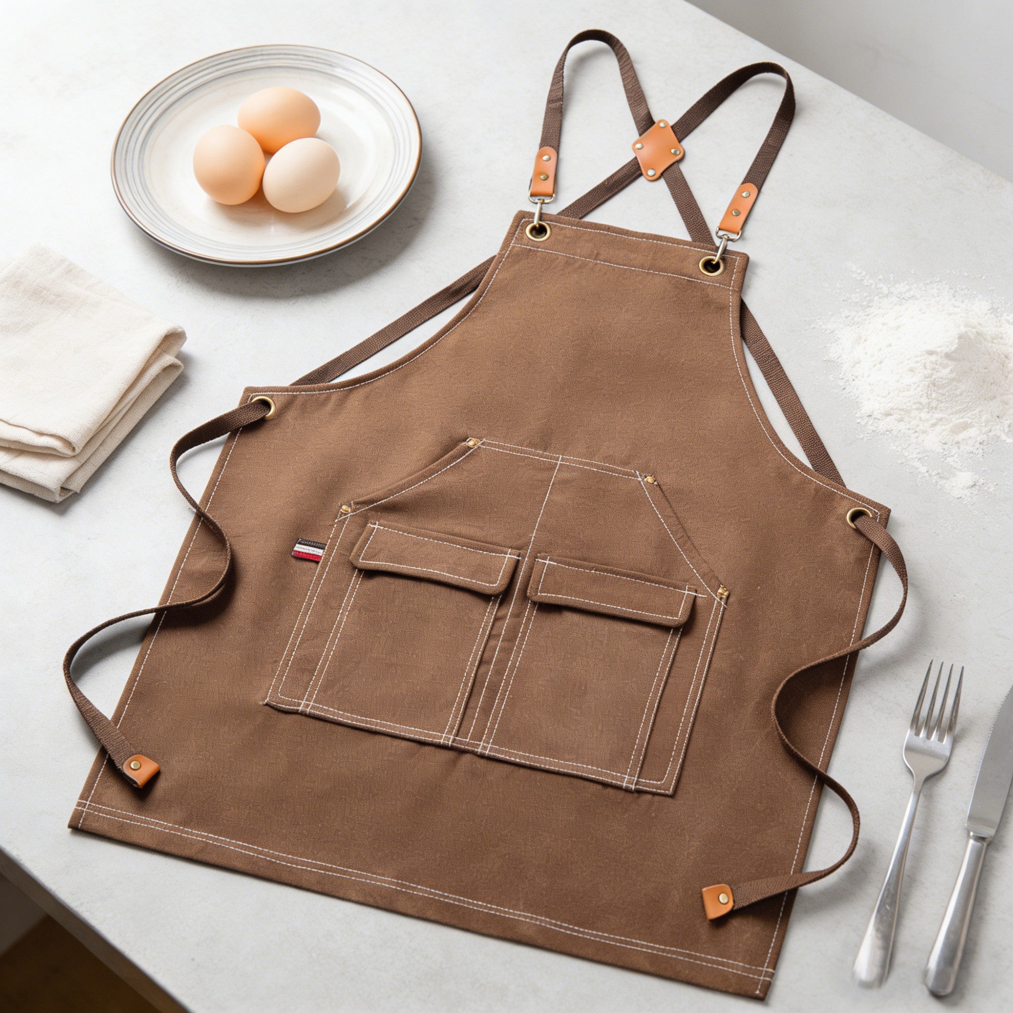 Anna-Kaci Cotton Kitchen Apron with Cross Back Straps Multi Pocket Utility Apron for Cooking Baking Craft