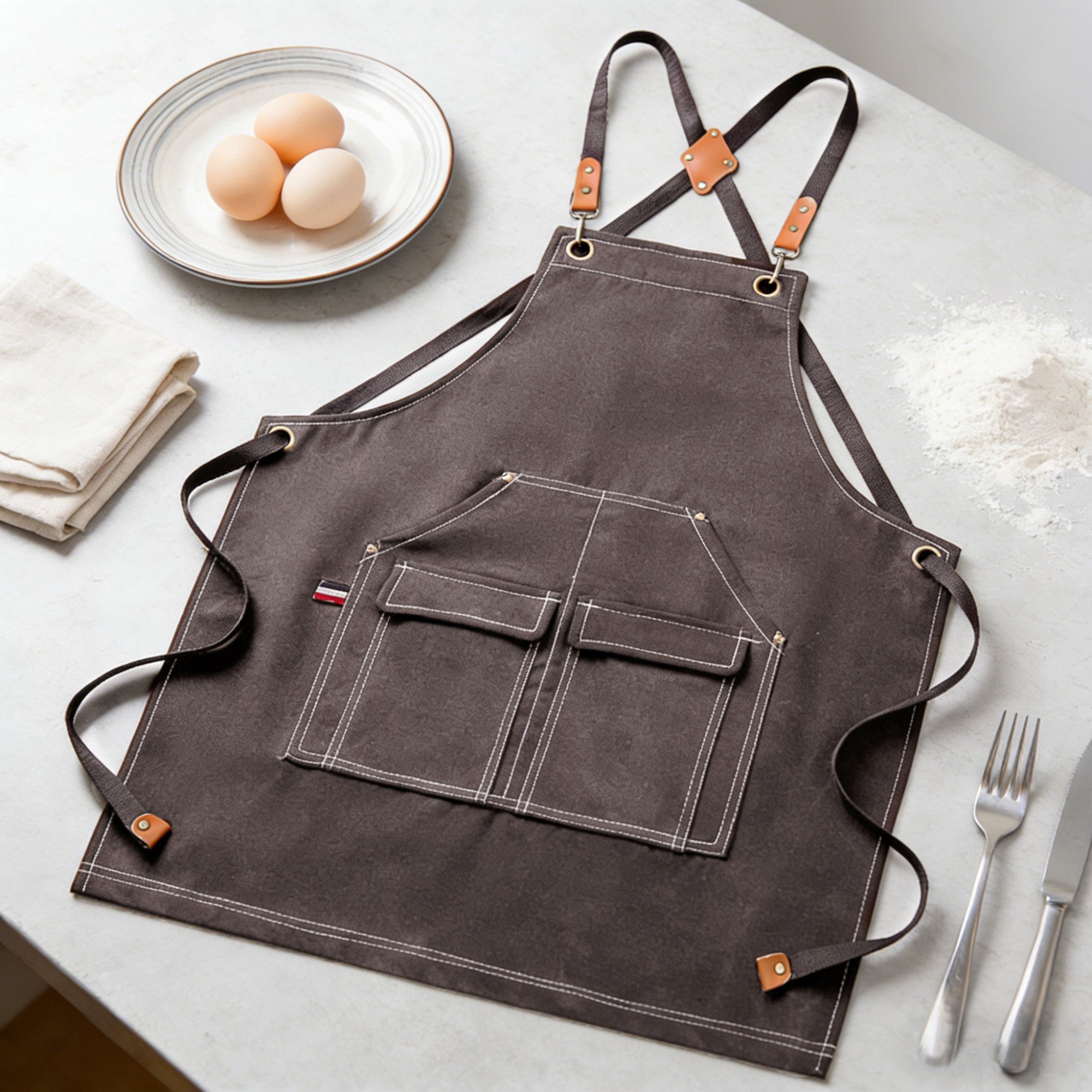 Anna-Kaci Cotton Kitchen Apron with Cross Back Straps Multi Pocket Utility Apron for Cooking Baking Craft