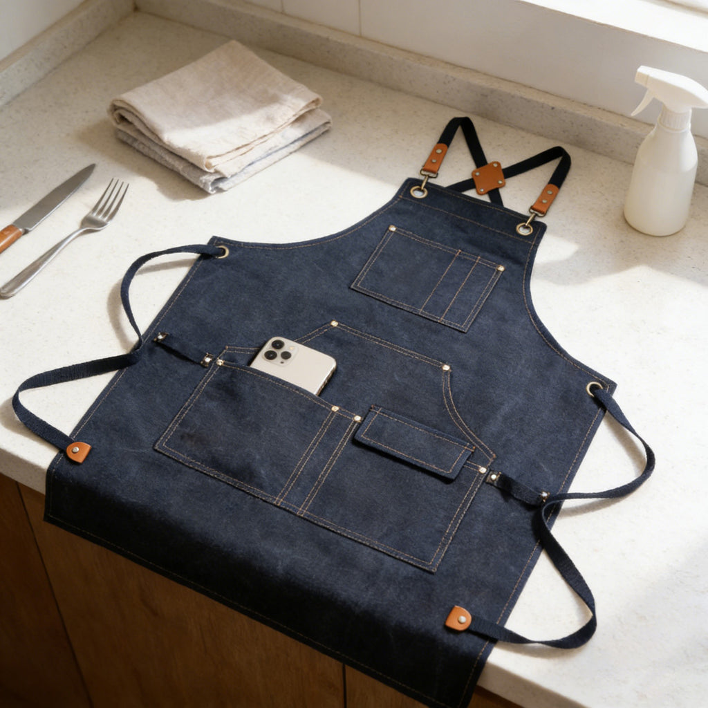 Anna-Kaci Cotton Kitchen Apron with Cross Back Straps Multi Pocket Utility Apron for Cooking Baking Craft