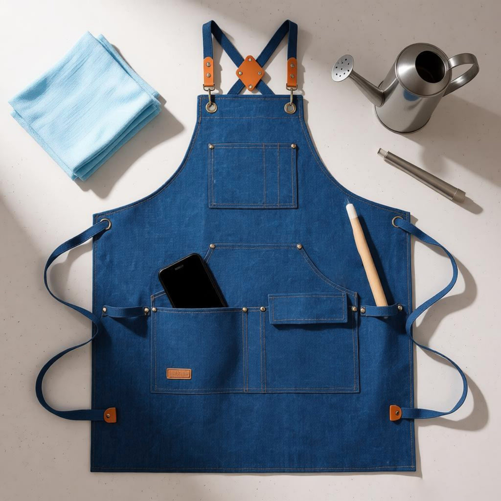 Anna-Kaci Cotton Kitchen Apron with Cross Back Straps Multi Pocket Utility Apron for Cooking Baking Craft