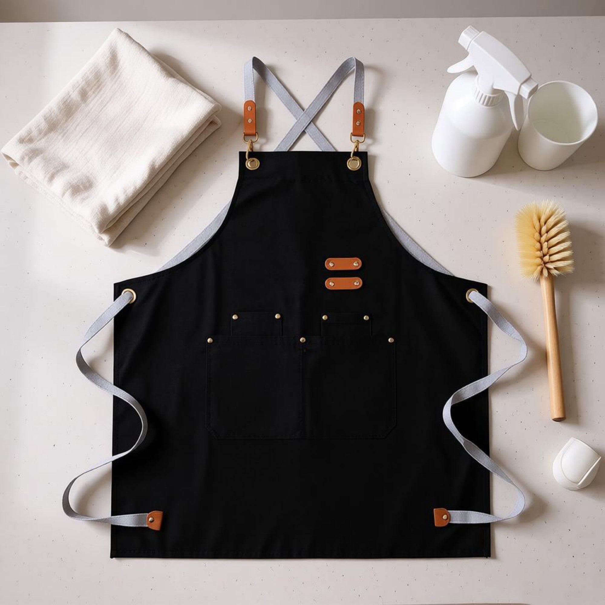 Anna-Kaci Cotton Kitchen Apron with Cross Back Straps Multi Pocket Utility Apron for Cooking Baking Craft