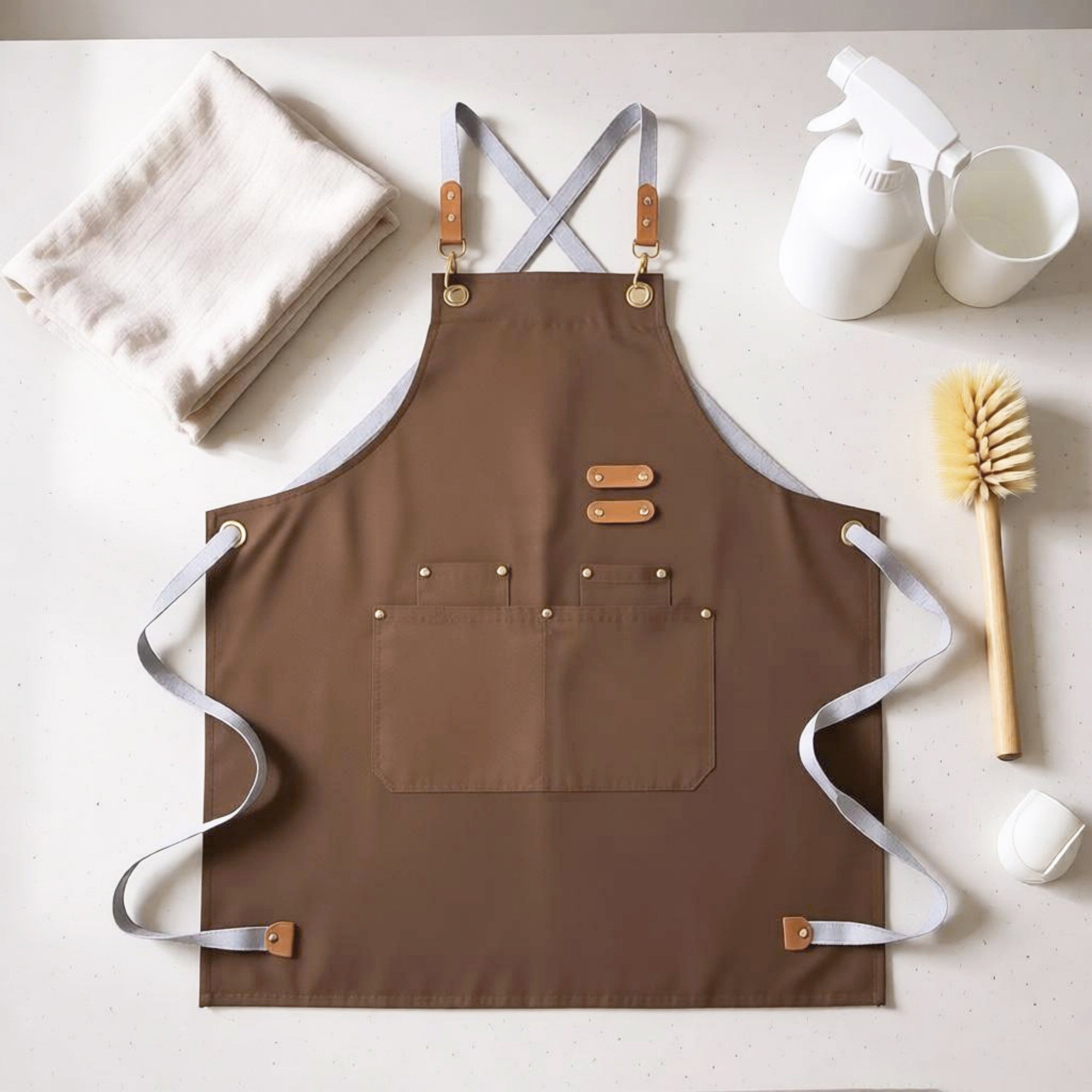 Anna-Kaci Cotton Kitchen Apron with Cross Back Straps Multi Pocket Utility Apron for Cooking Baking Craft