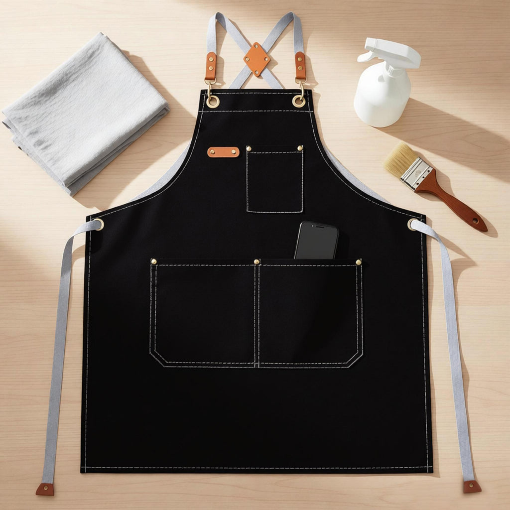 Anna-Kaci Cotton Kitchen Apron with Cross Back Straps Multi Pocket Utility Apron for Cooking Baking Craft