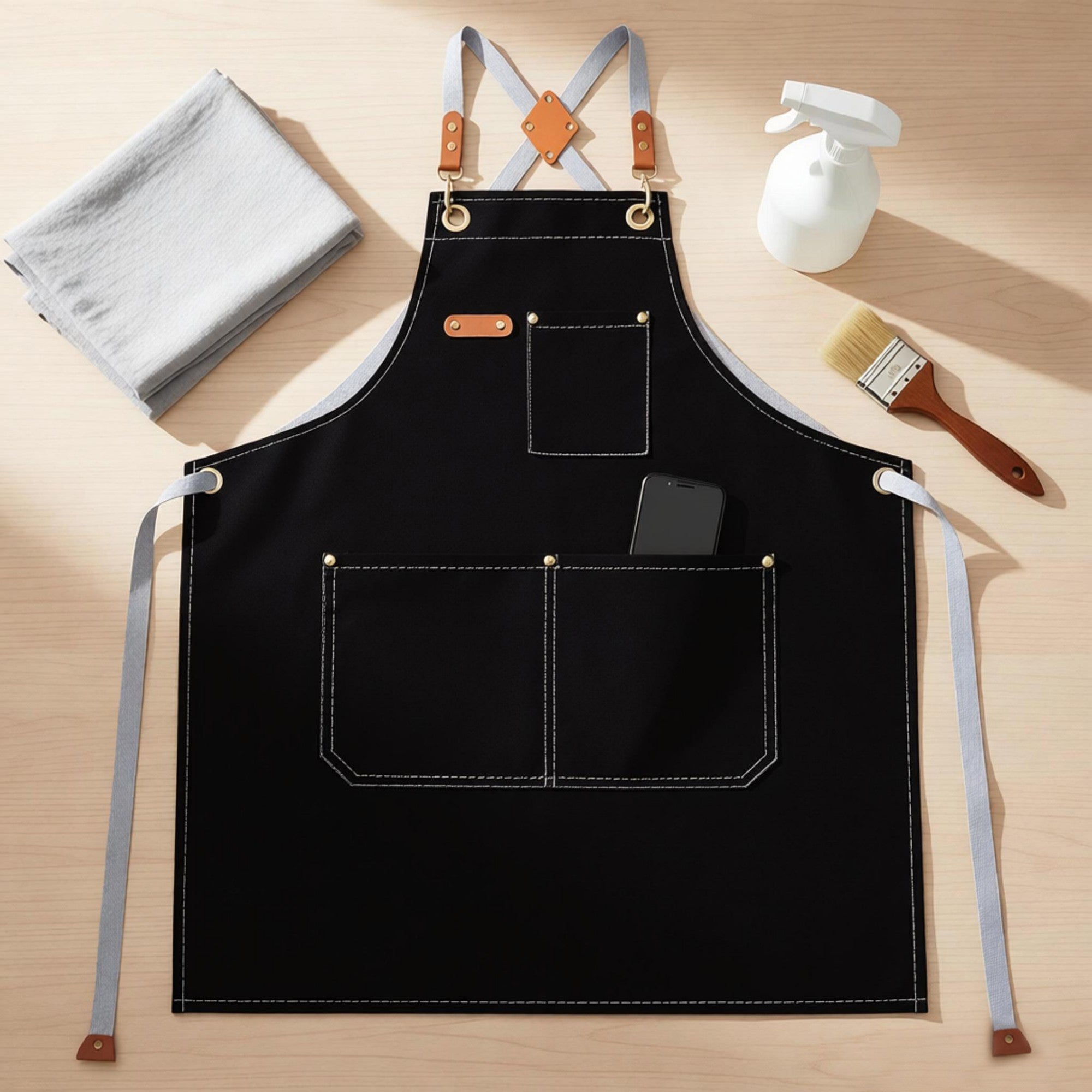 Anna-Kaci Cotton Kitchen Apron with Cross Back Straps Multi Pocket Utility Apron for Cooking Baking Craft