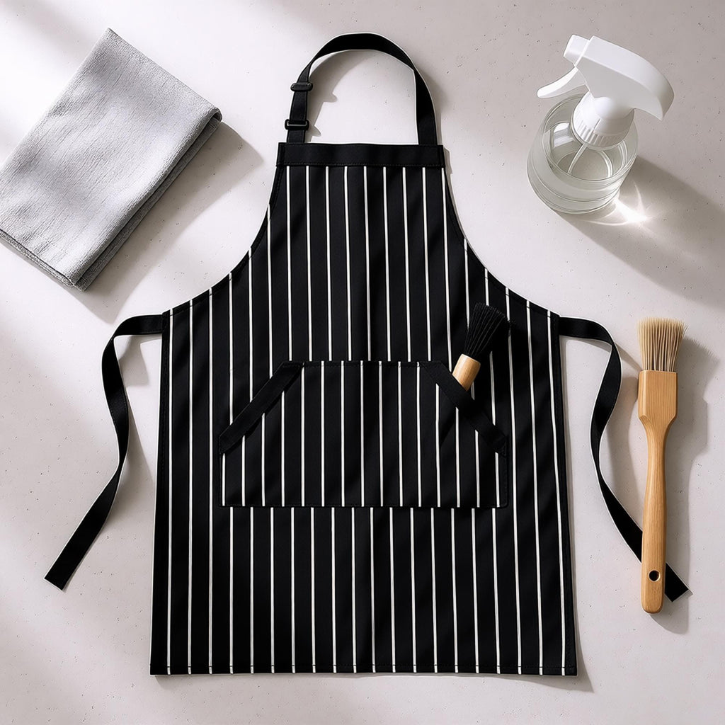 Anna-Kaci Striped Kitchen Apron Cotton Blend Adjustable Neck Apron with Pockets Chef Cooking Server Apron