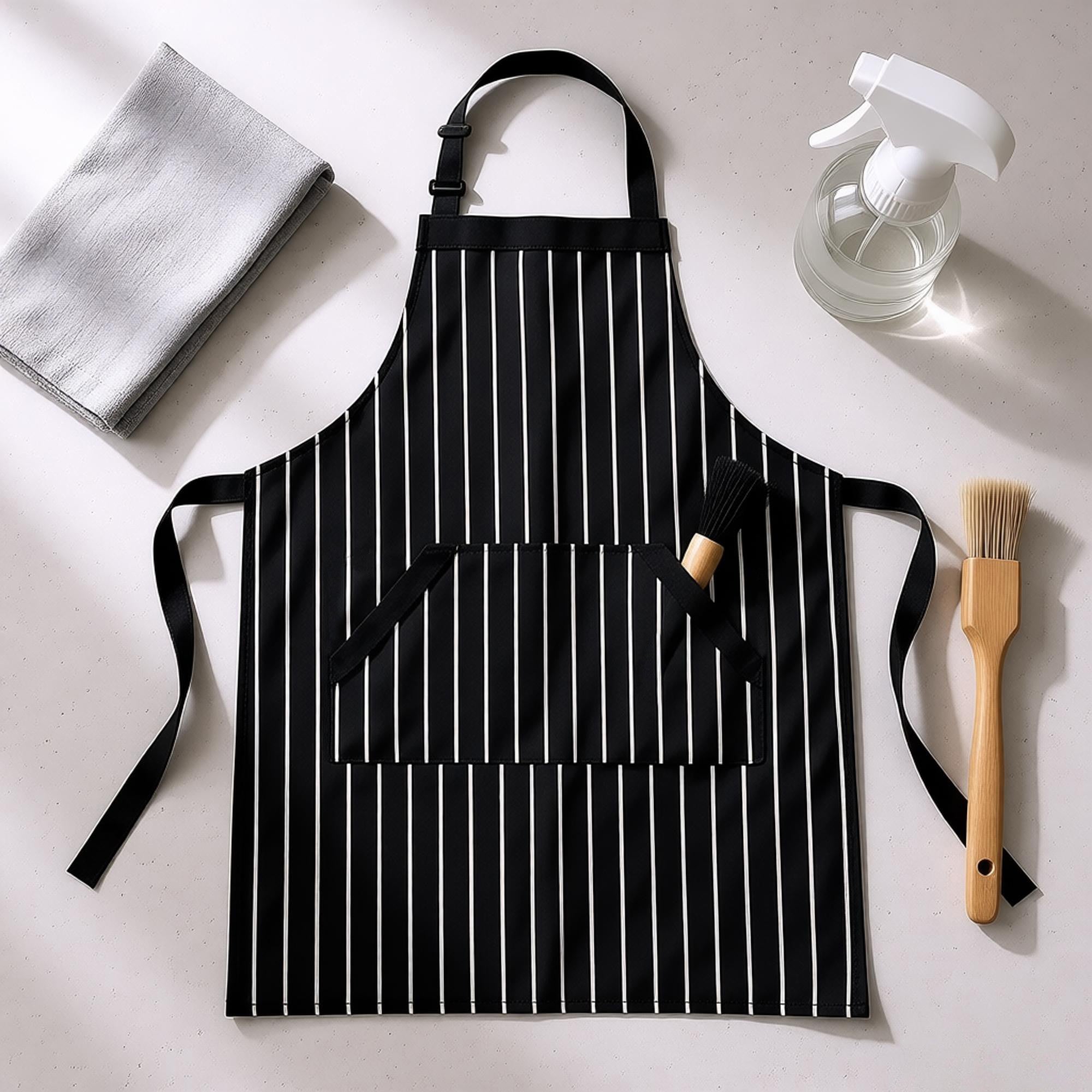 Anna-Kaci Striped Kitchen Apron Cotton Blend Adjustable Neck Apron with Pockets Chef Cooking Server Apron