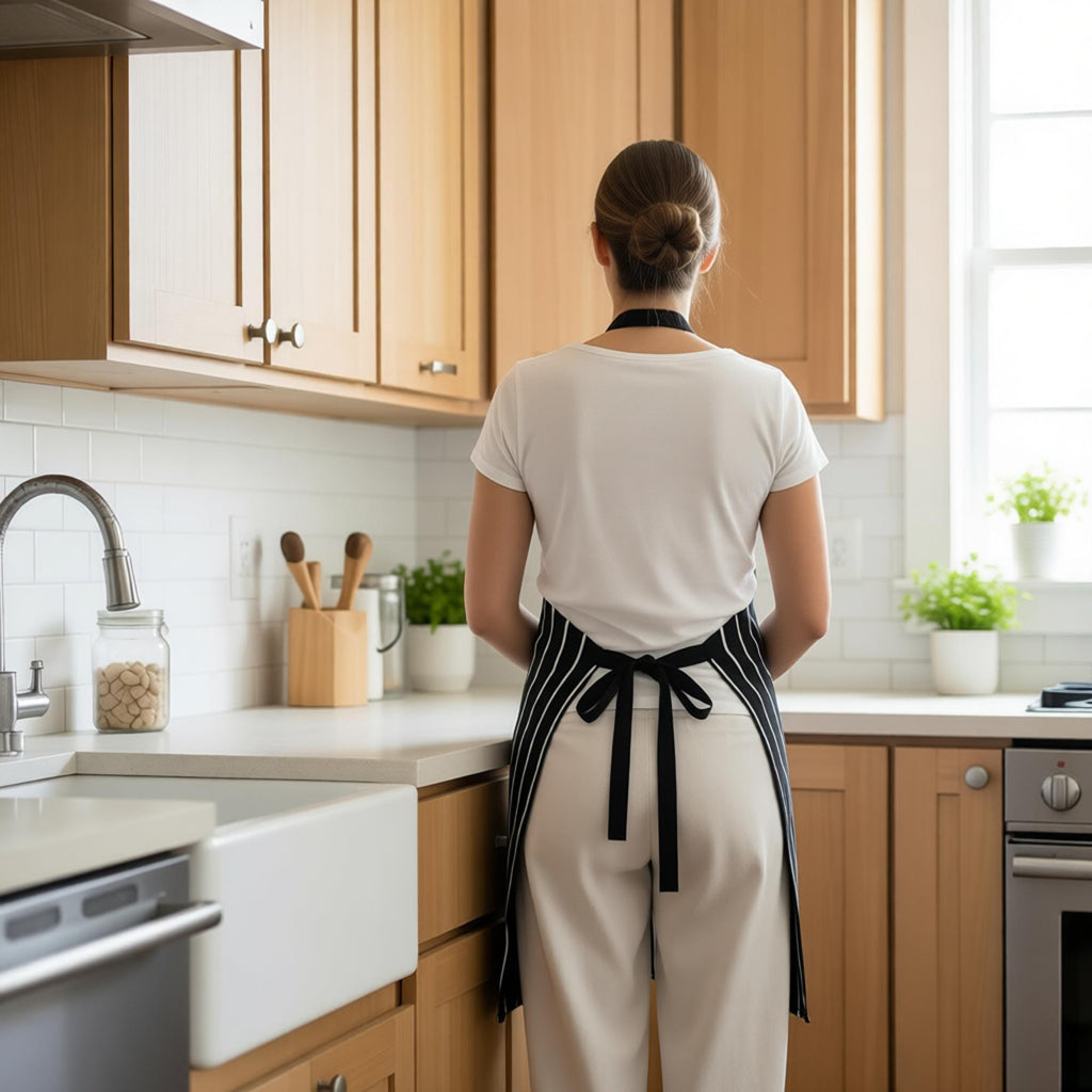 Anna-Kaci Striped Kitchen Apron Cotton Blend Adjustable Neck Apron with Pockets Chef Cooking Server Apron