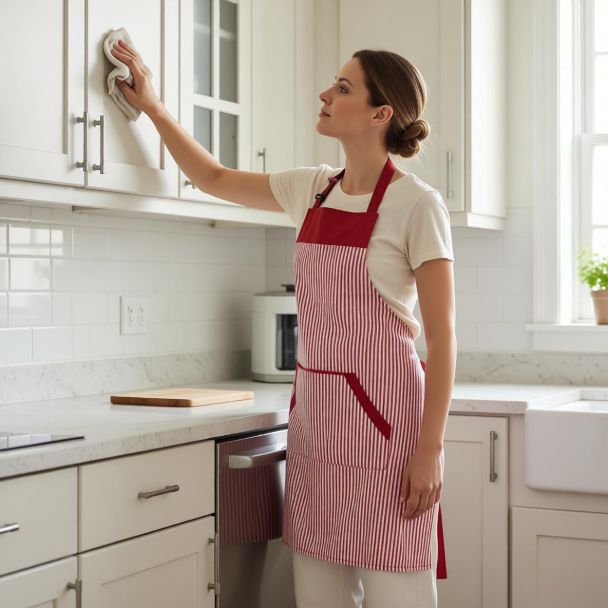 Anna-Kaci Striped Kitchen Apron Cotton Blend Adjustable Neck Apron with Pockets Chef Cooking Server Apron