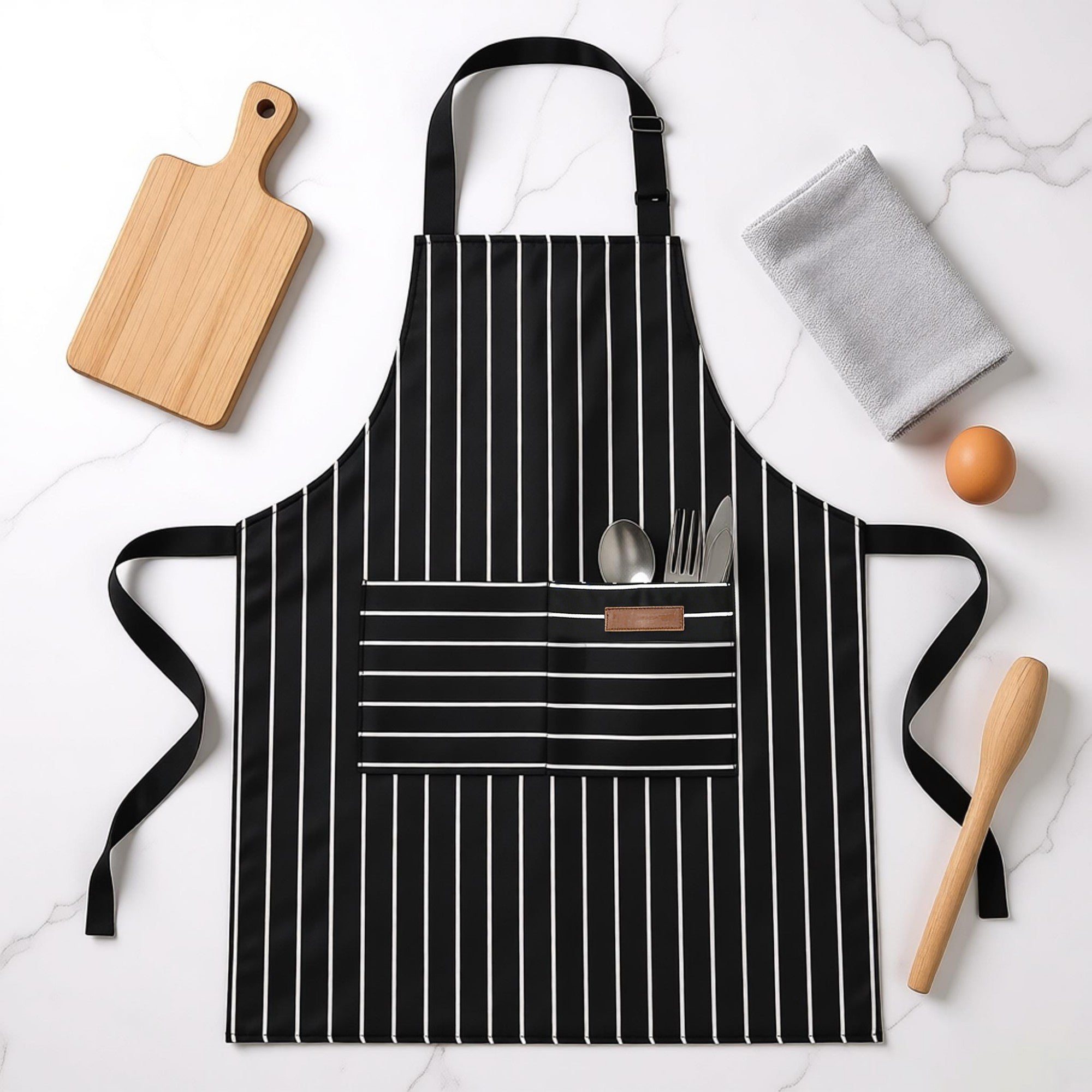 Anna-Kaci Striped Kitchen Apron Cotton Blend Adjustable Neck Apron with Pocket for Cooking Baking Home Use