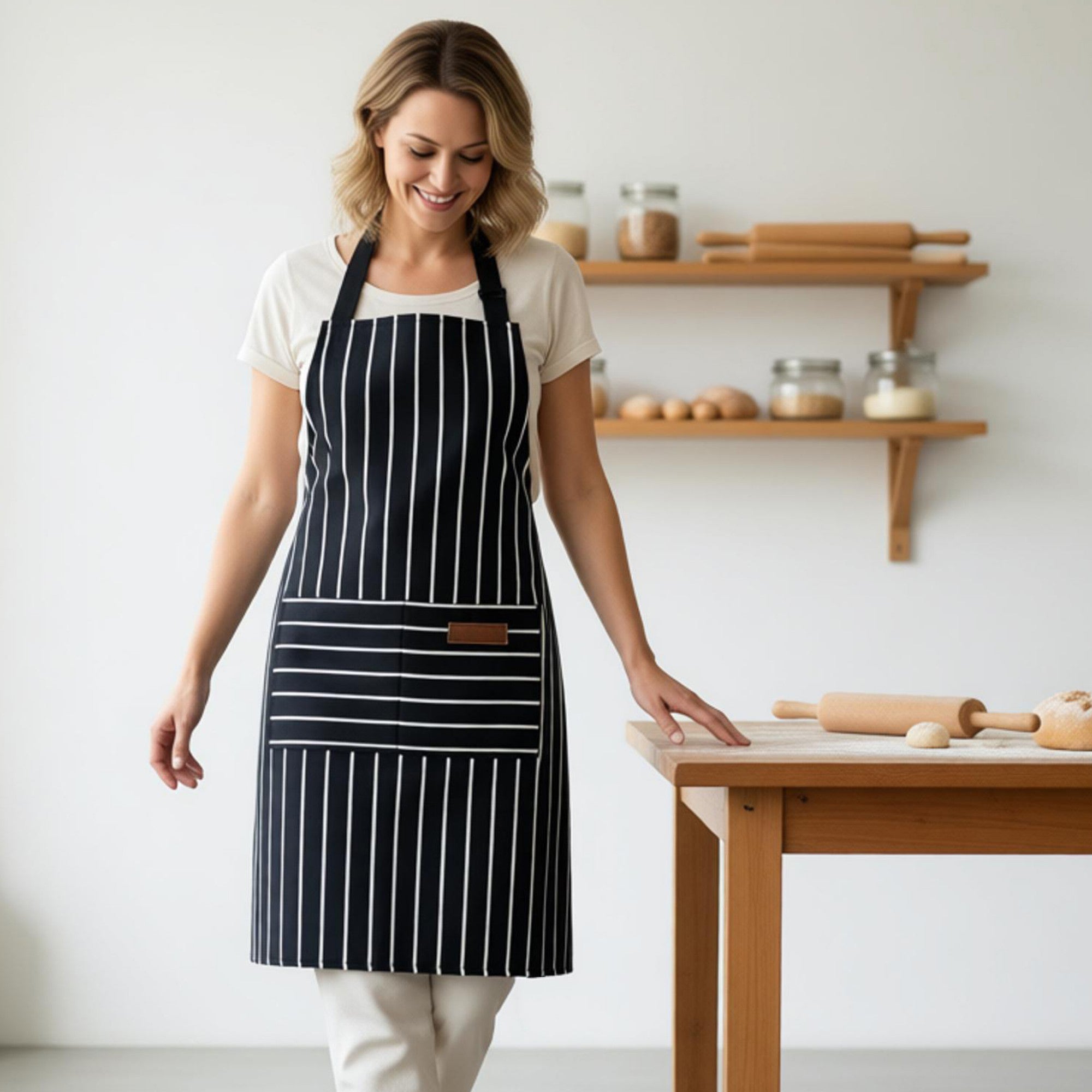Anna-Kaci Striped Kitchen Apron Cotton Blend Adjustable Neck Apron with Pocket for Cooking Baking Home Use