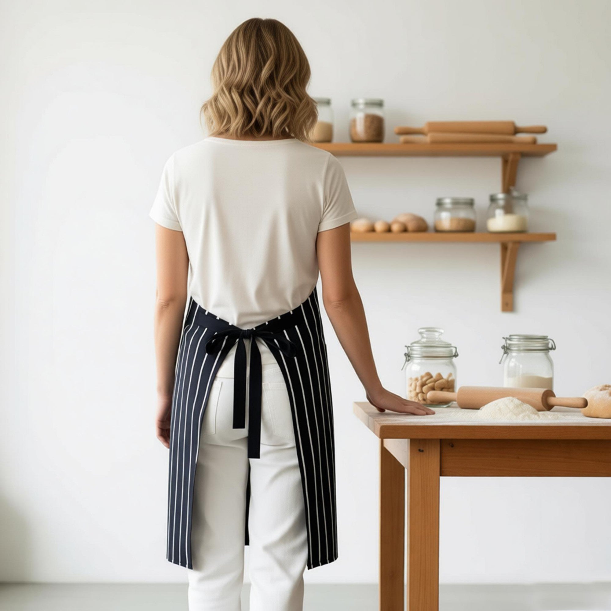 Anna-Kaci Striped Kitchen Apron Cotton Blend Adjustable Neck Apron with Pocket for Cooking Baking Home Use