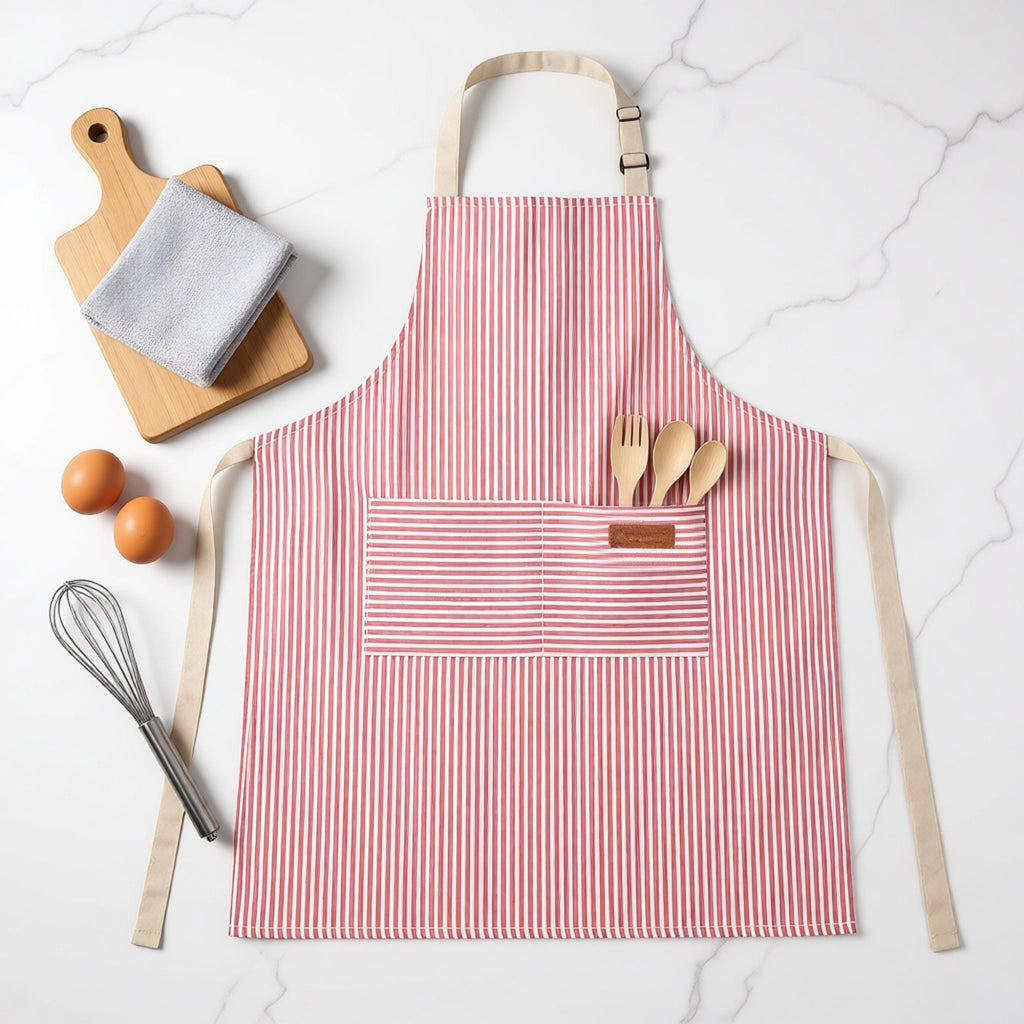 Anna-Kaci Striped Kitchen Apron Cotton Blend Adjustable Neck Apron with Pocket for Cooking Baking Home Use