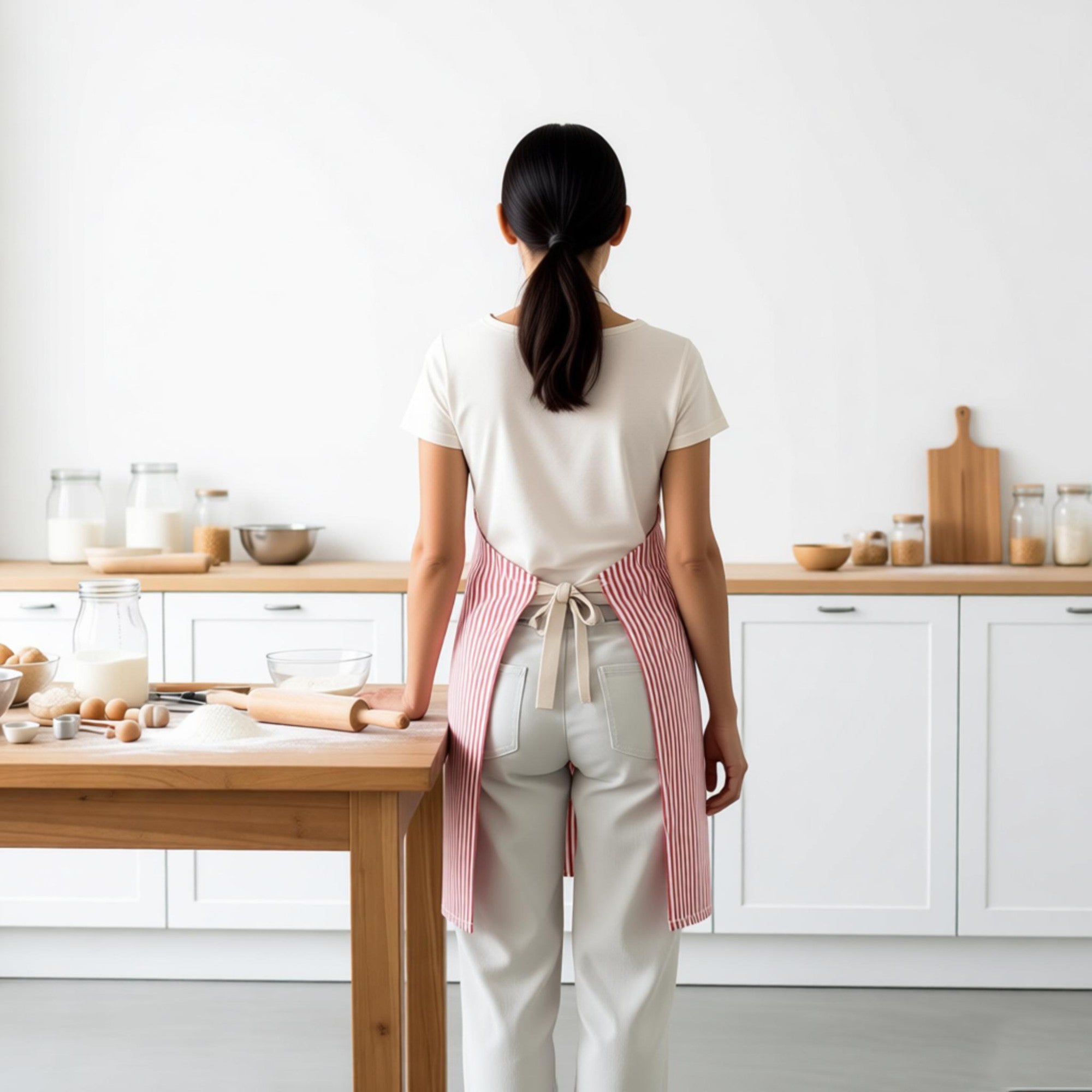 Anna-Kaci Striped Kitchen Apron Cotton Blend Adjustable Neck Apron with Pocket for Cooking Baking Home Use