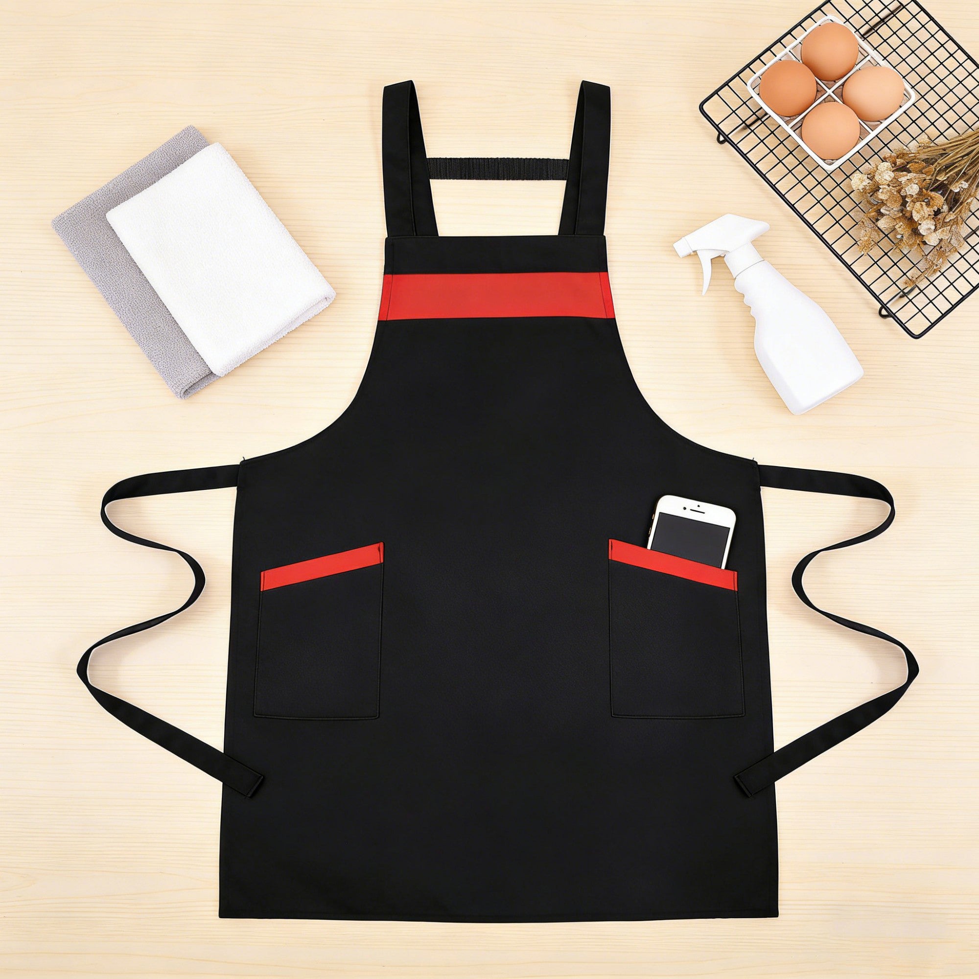 Anna-Kaci Kitchen Apron Adjustable Strap Apron with Contrast Trim and Dual Pockets for Cooking Work