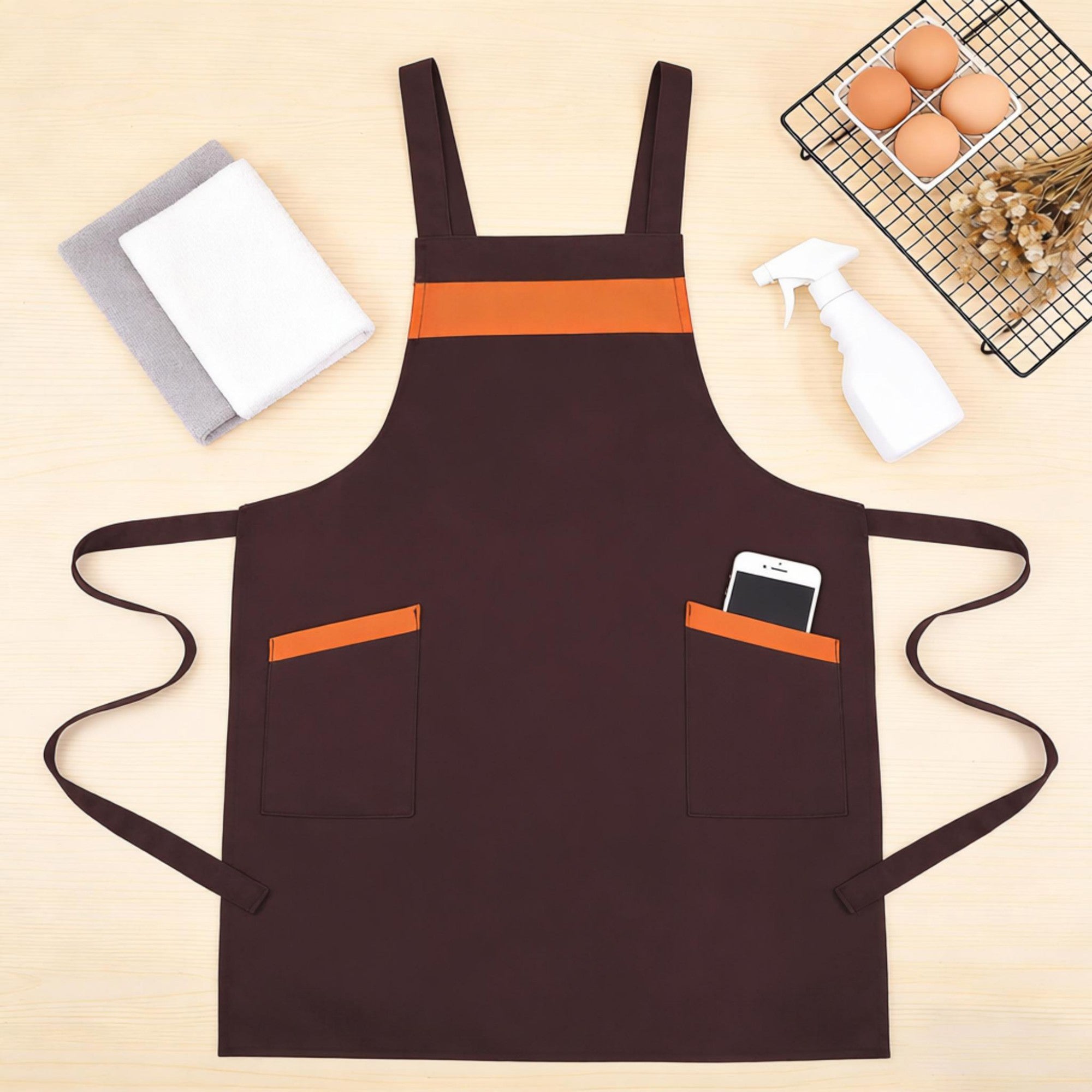 Anna-Kaci Kitchen Apron Adjustable Strap Apron with Contrast Trim and Dual Pockets for Cooking Work