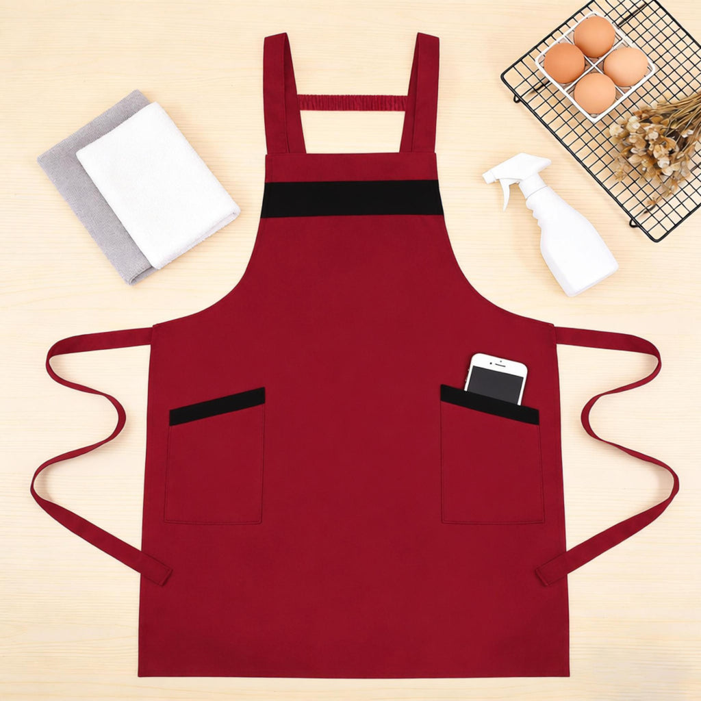 Anna-Kaci Kitchen Apron Adjustable Strap Apron with Contrast Trim and Dual Pockets for Cooking Work