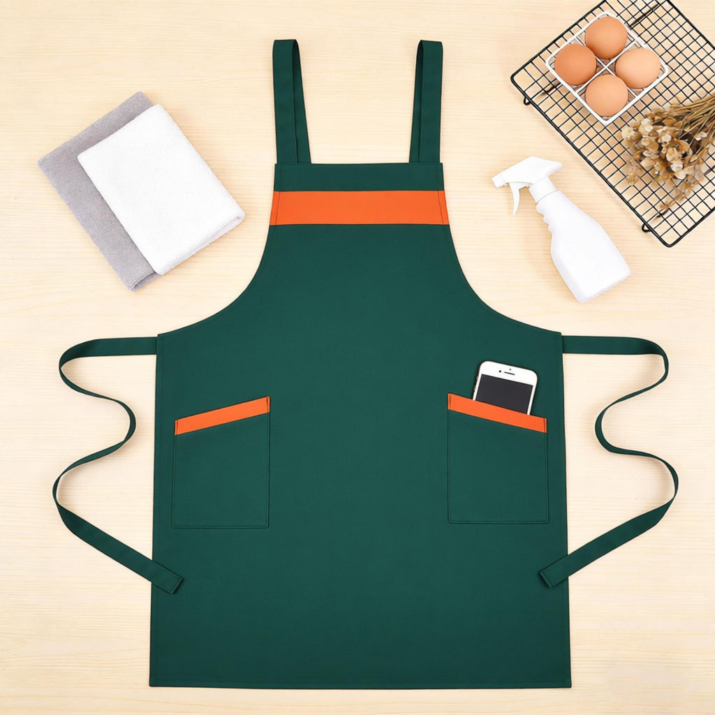 Anna-Kaci Kitchen Apron Adjustable Strap Apron with Contrast Trim and Dual Pockets for Cooking Work