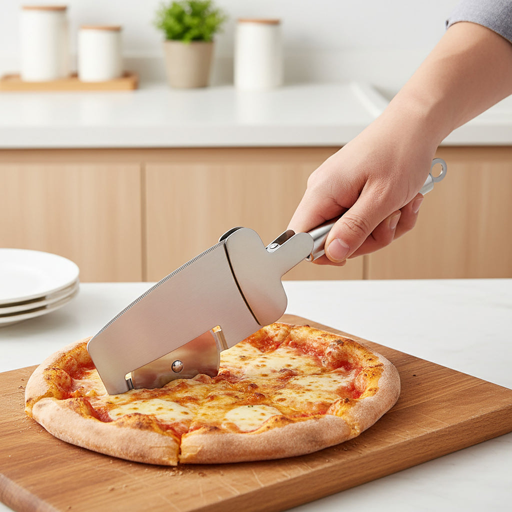 Anna-Kaci Stainless Steel Pizza Cutter and Server Spatula with Rolling Blade Foldable Handle Kitchen Tool