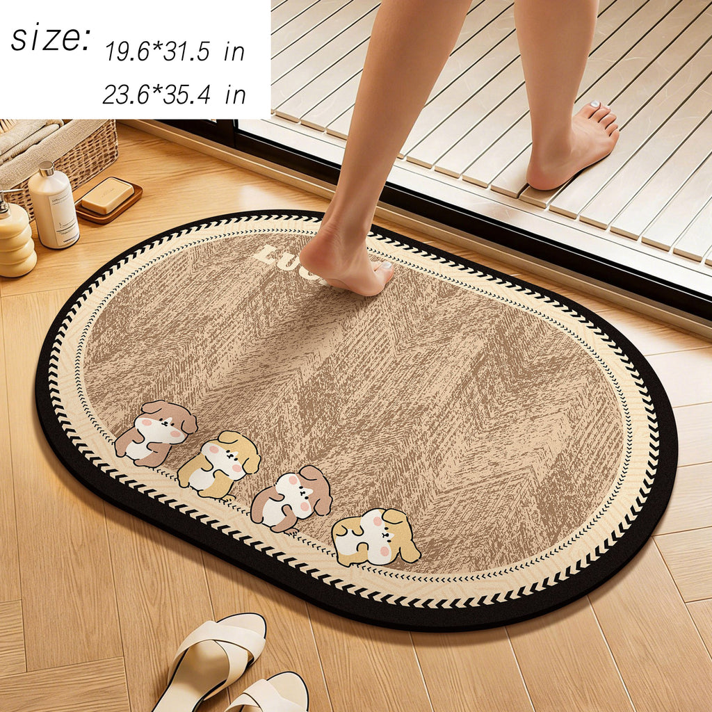 Anna-Kaci Oval Diatomite Bath Mat Soft Suede Surface Quick Dry Cute Cartoon Bathroom Floor Mat