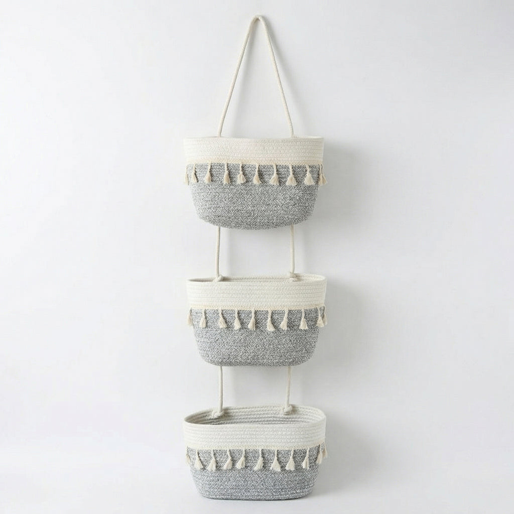 Anna-Kaci 3 Tier Hanging Storage Basket Cotton Rope Wall Organizer Tassel Decorative Storage