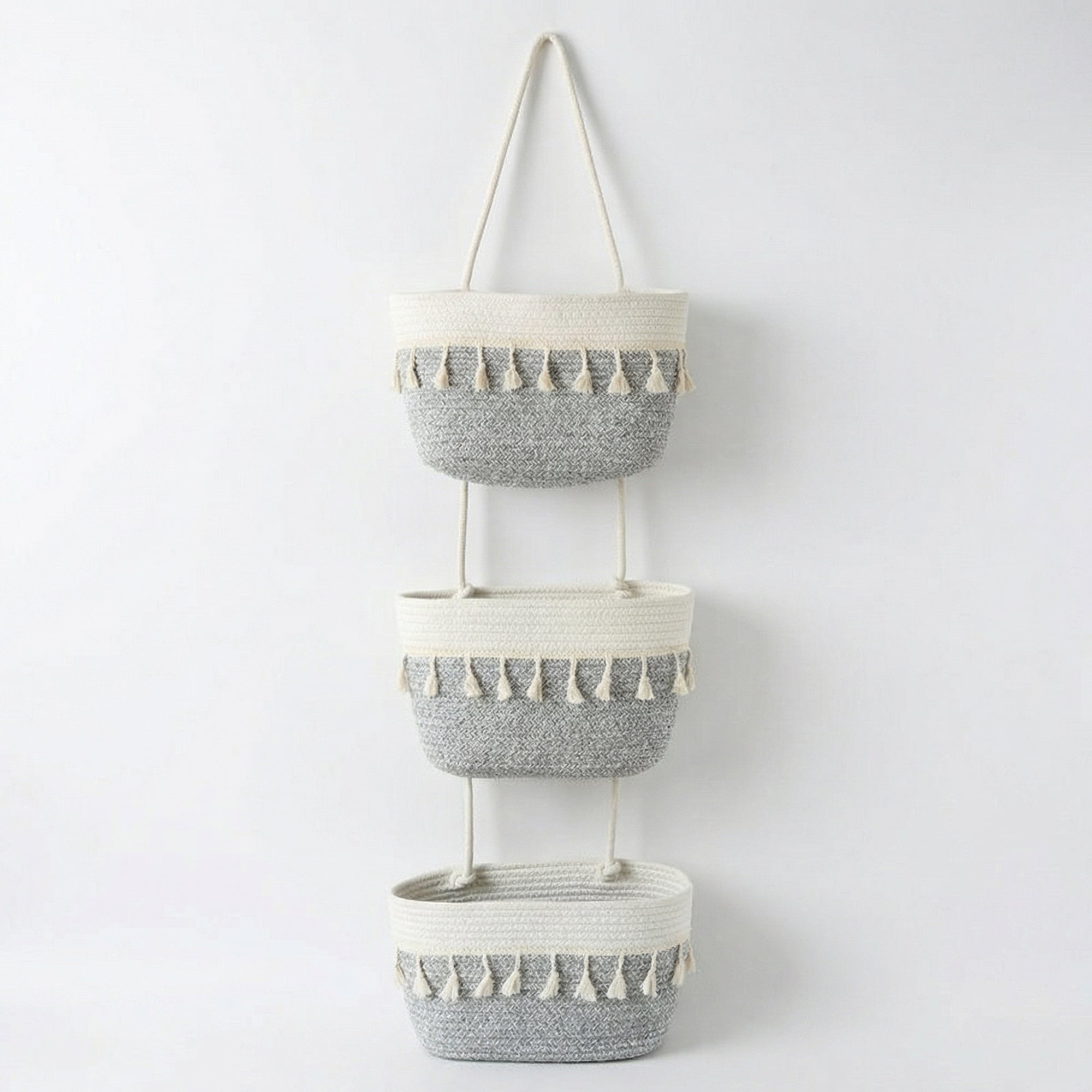 Anna-Kaci 3 Tier Hanging Storage Basket Cotton Rope Wall Organizer Tassel Decorative Storage