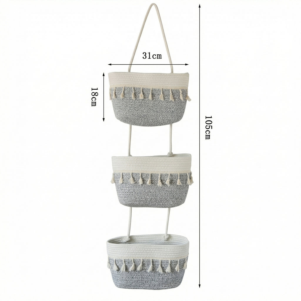 Anna-Kaci 3 Tier Hanging Storage Basket Cotton Rope Wall Organizer Tassel Decorative Storage