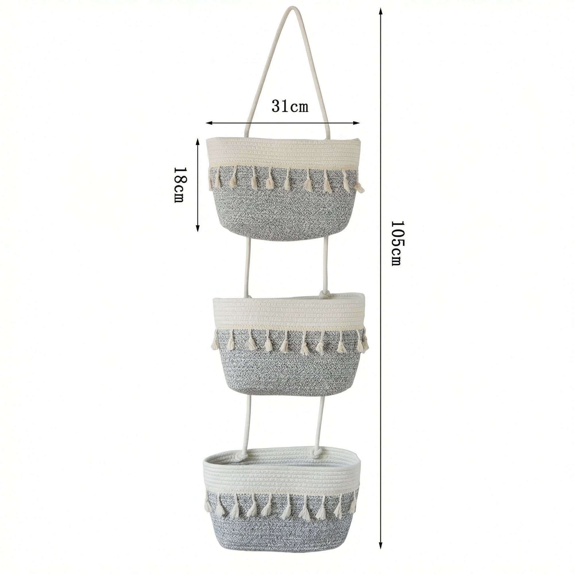 Anna-Kaci 3 Tier Hanging Storage Basket Cotton Rope Wall Organizer Tassel Decorative Storage