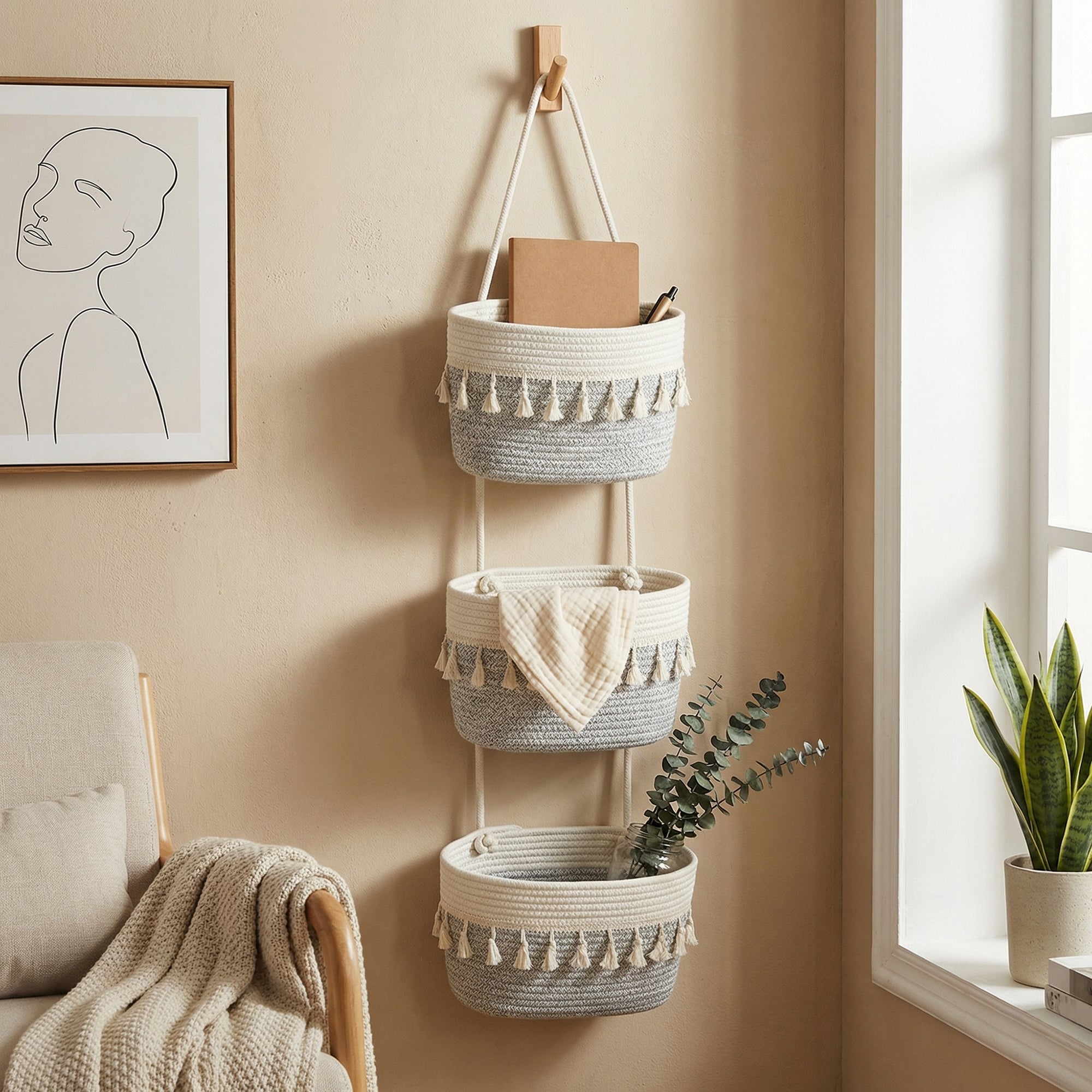 Anna-Kaci 3 Tier Hanging Storage Basket Cotton Rope Wall Organizer Tassel Decorative Storage