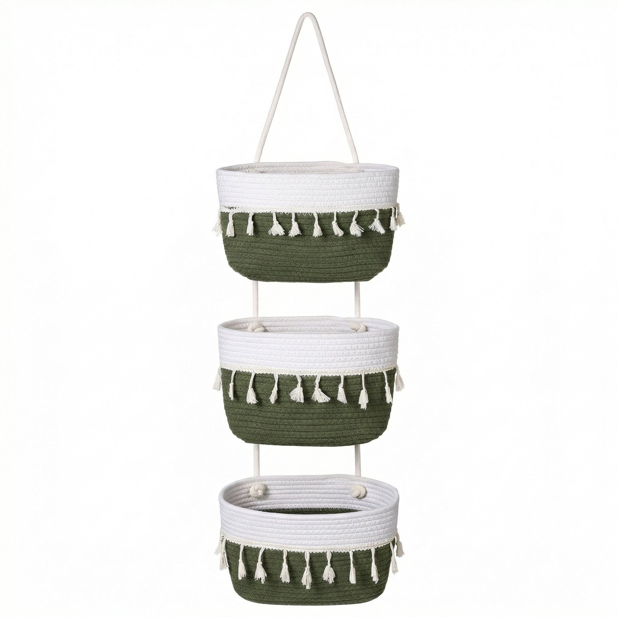 Anna-Kaci 3 Tier Hanging Storage Basket Cotton Rope Wall Organizer Tassel Decorative Storage
