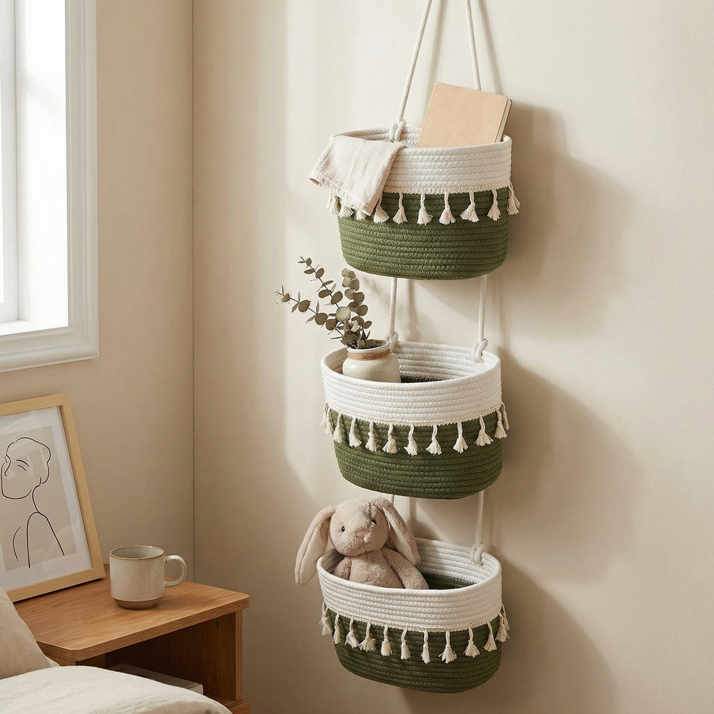 Anna-Kaci 3 Tier Hanging Storage Basket Cotton Rope Wall Organizer Tassel Decorative Storage
