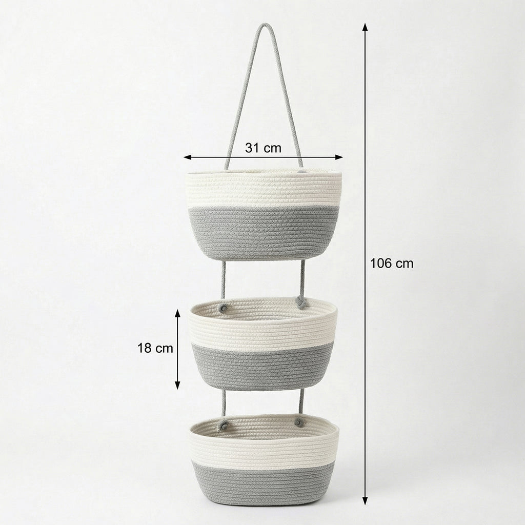 Anna-Kaci 3 Tier Hanging Storage Basket Cotton Rope Wall Organizer Tassel Decorative Storage