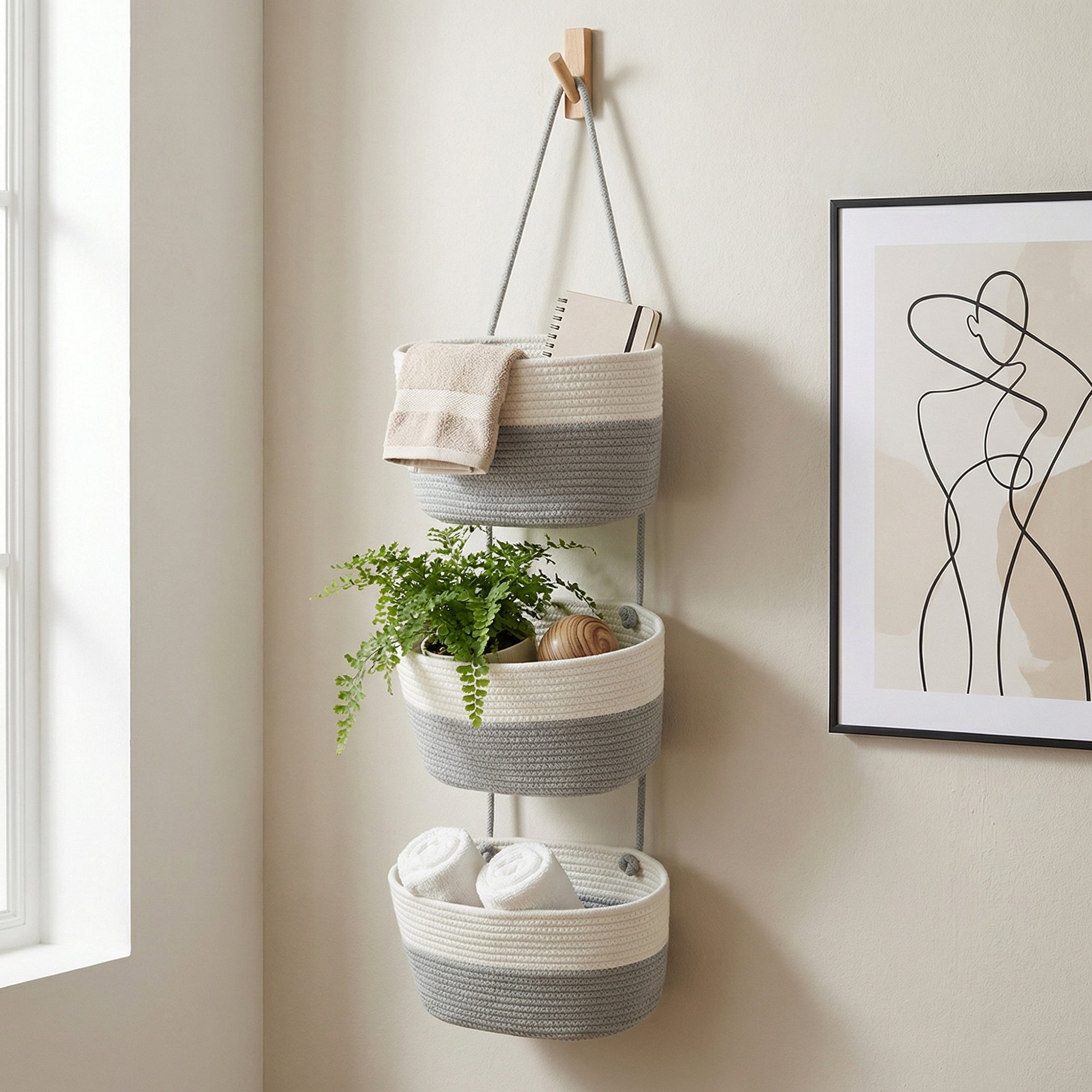 Anna-Kaci 3 Tier Hanging Storage Basket Cotton Rope Wall Organizer Tassel Decorative Storage