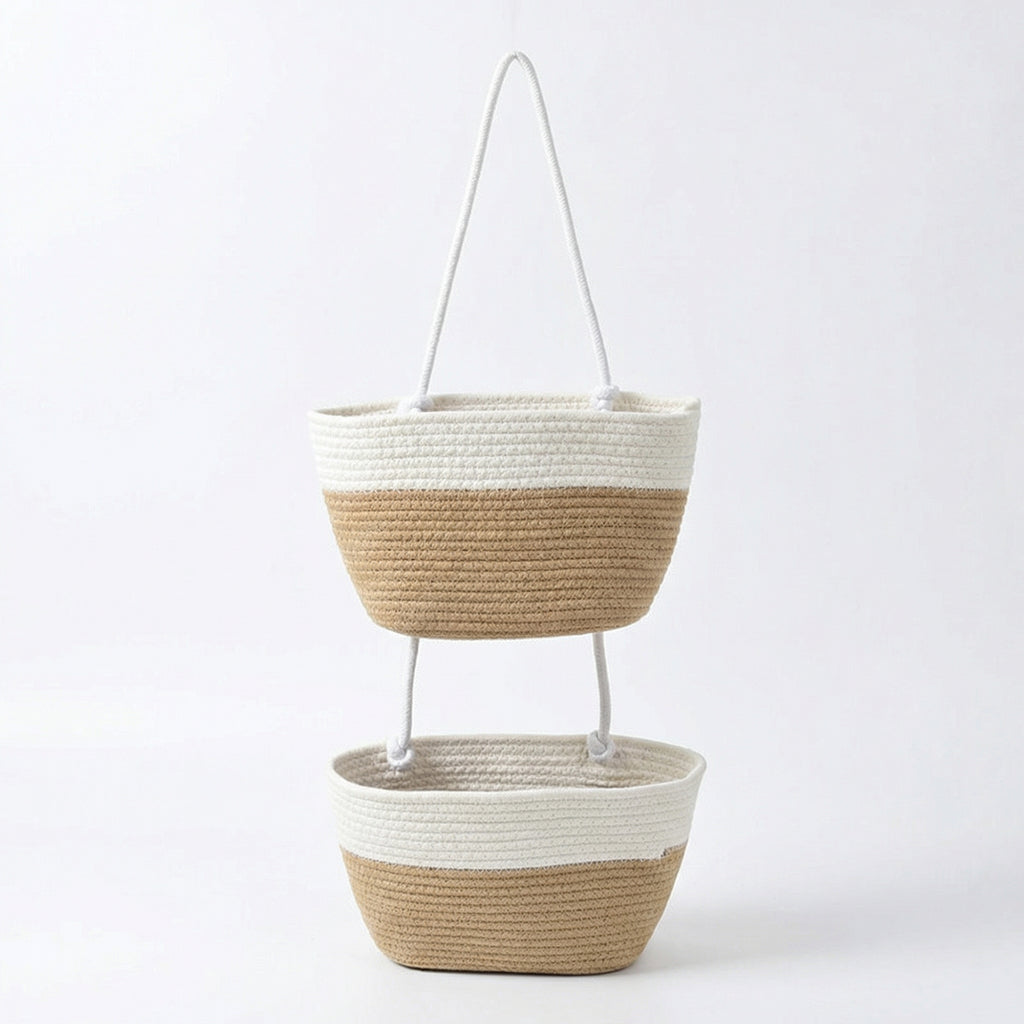 Anna-Kaci 2 Tier Hanging Storage Basket Cotton Rope Wall Organizer Modern Neutral Storage