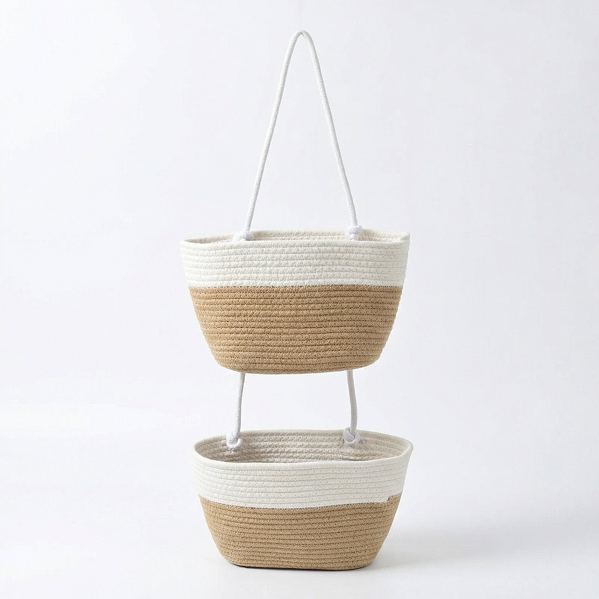 Anna-Kaci 2 Tier Hanging Storage Basket Cotton Rope Wall Organizer Modern Neutral Storage