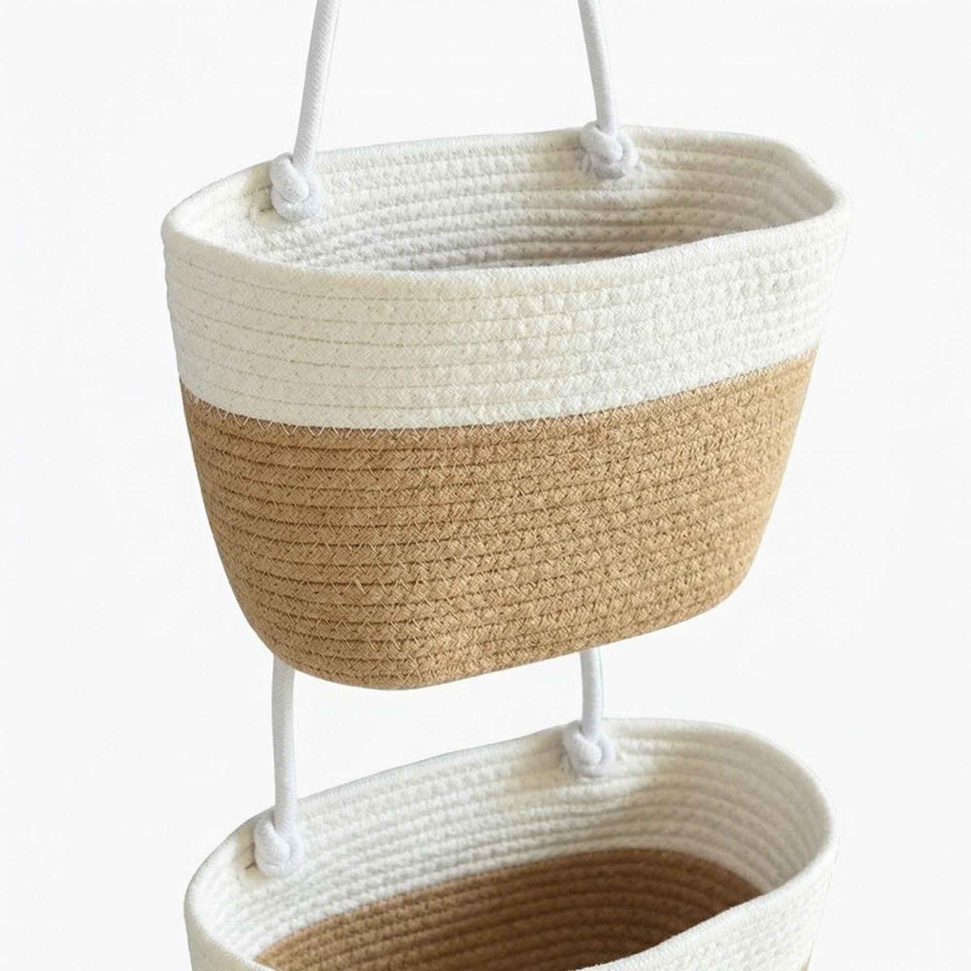 Anna-Kaci 2 Tier Hanging Storage Basket Cotton Rope Wall Organizer Modern Neutral Storage