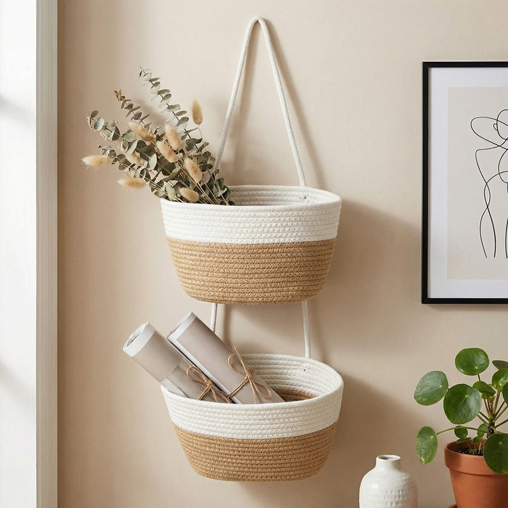 Anna-Kaci 2 Tier Hanging Storage Basket Cotton Rope Wall Organizer Modern Neutral Storage