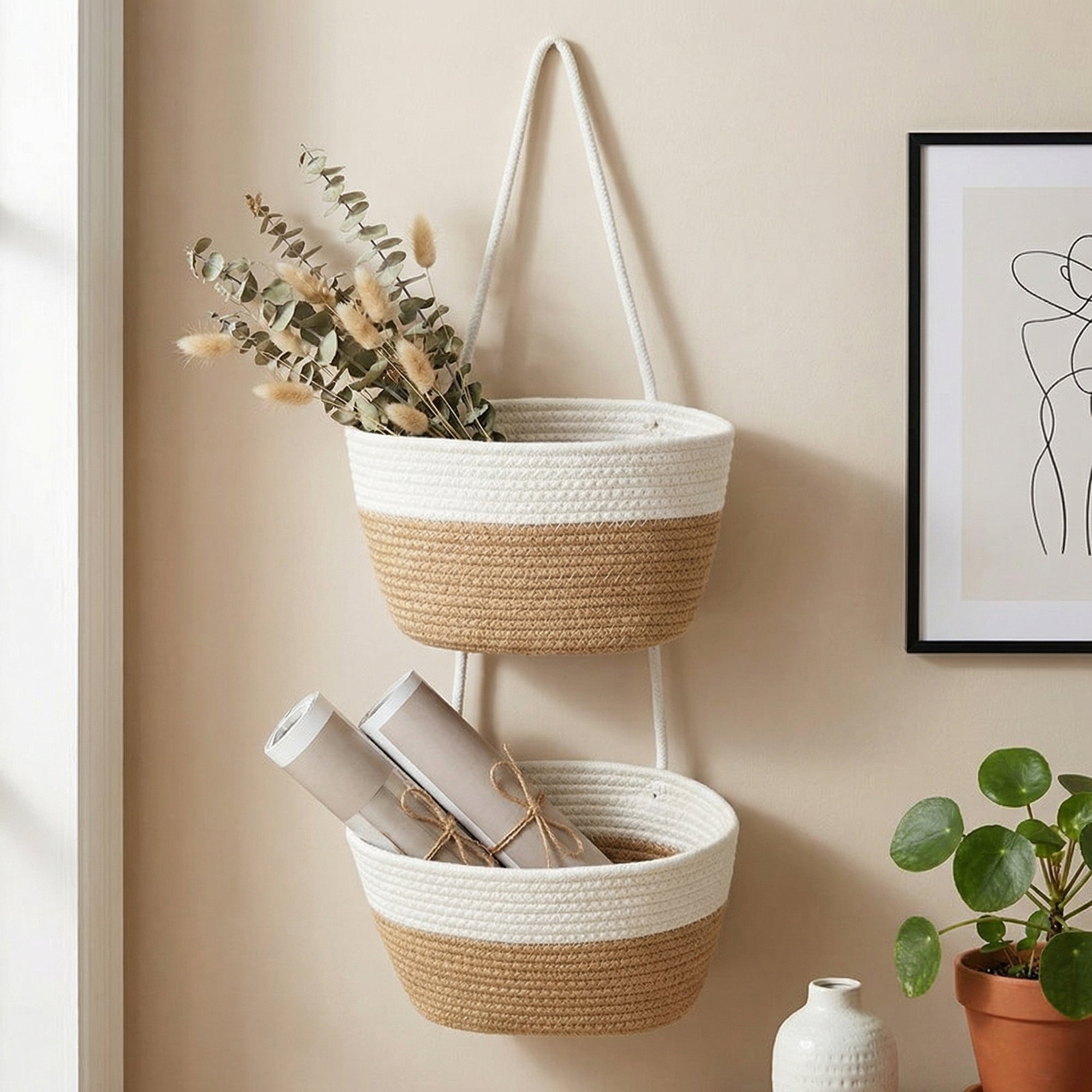 Anna-Kaci 2 Tier Hanging Storage Basket Cotton Rope Wall Organizer Modern Neutral Storage