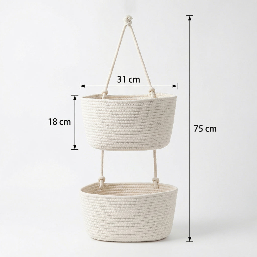 Anna-Kaci 2 Tier Hanging Storage Basket Cotton Rope Wall Organizer Modern Neutral Storage