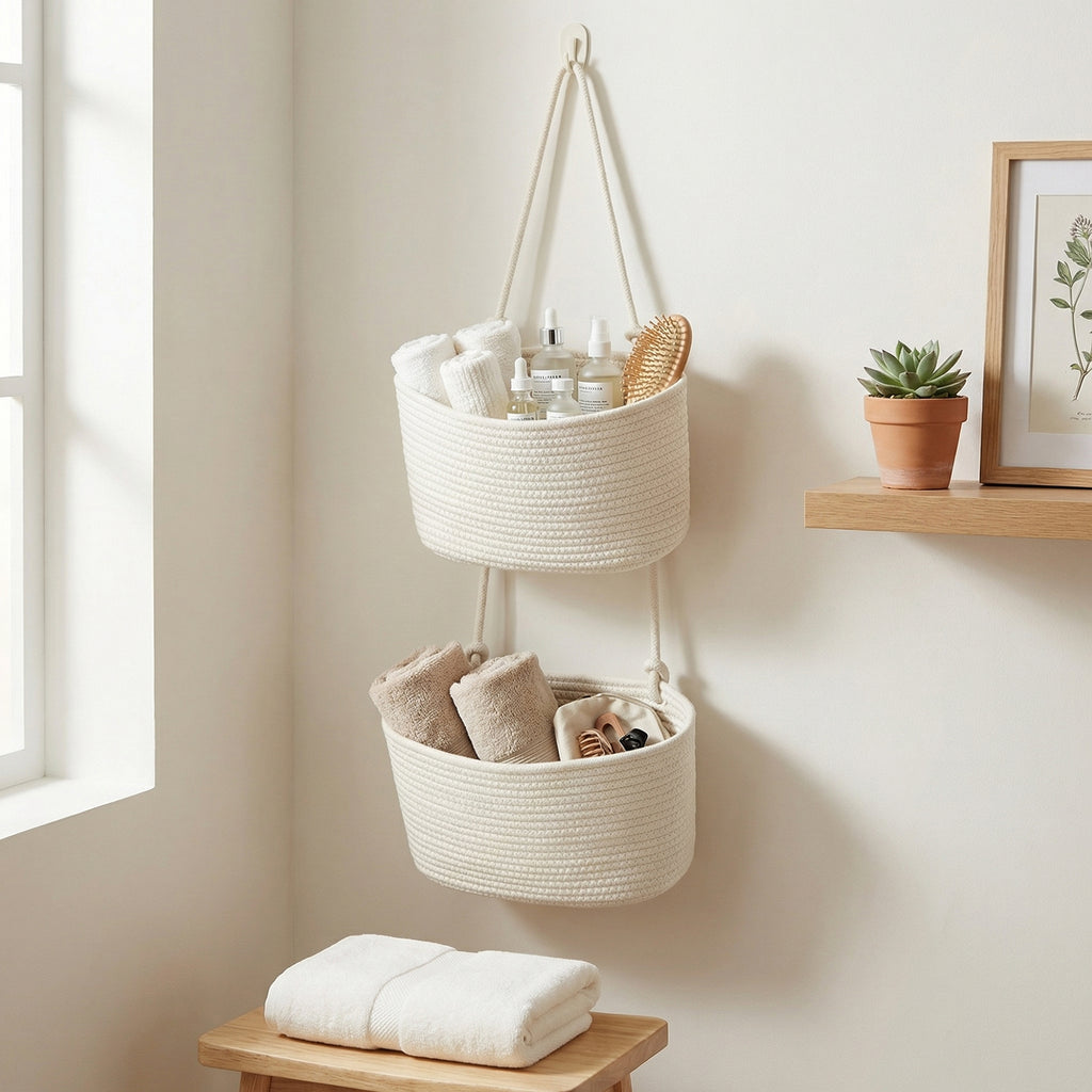 Anna-Kaci 2 Tier Hanging Storage Basket Cotton Rope Wall Organizer Modern Neutral Storage