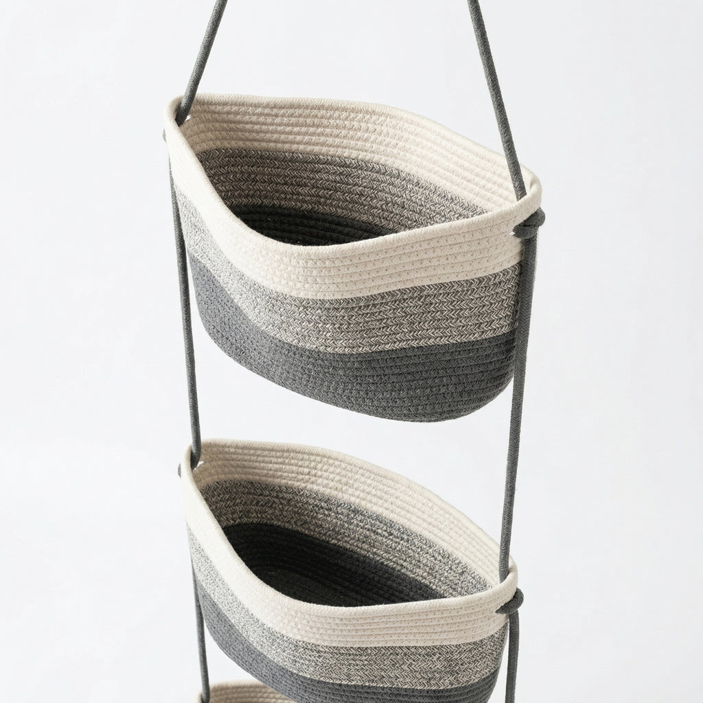 Anna-Kaci 3 Tier Hanging Storage Basket Cotton Rope Wall Organizer Neutral Space Saving Storage