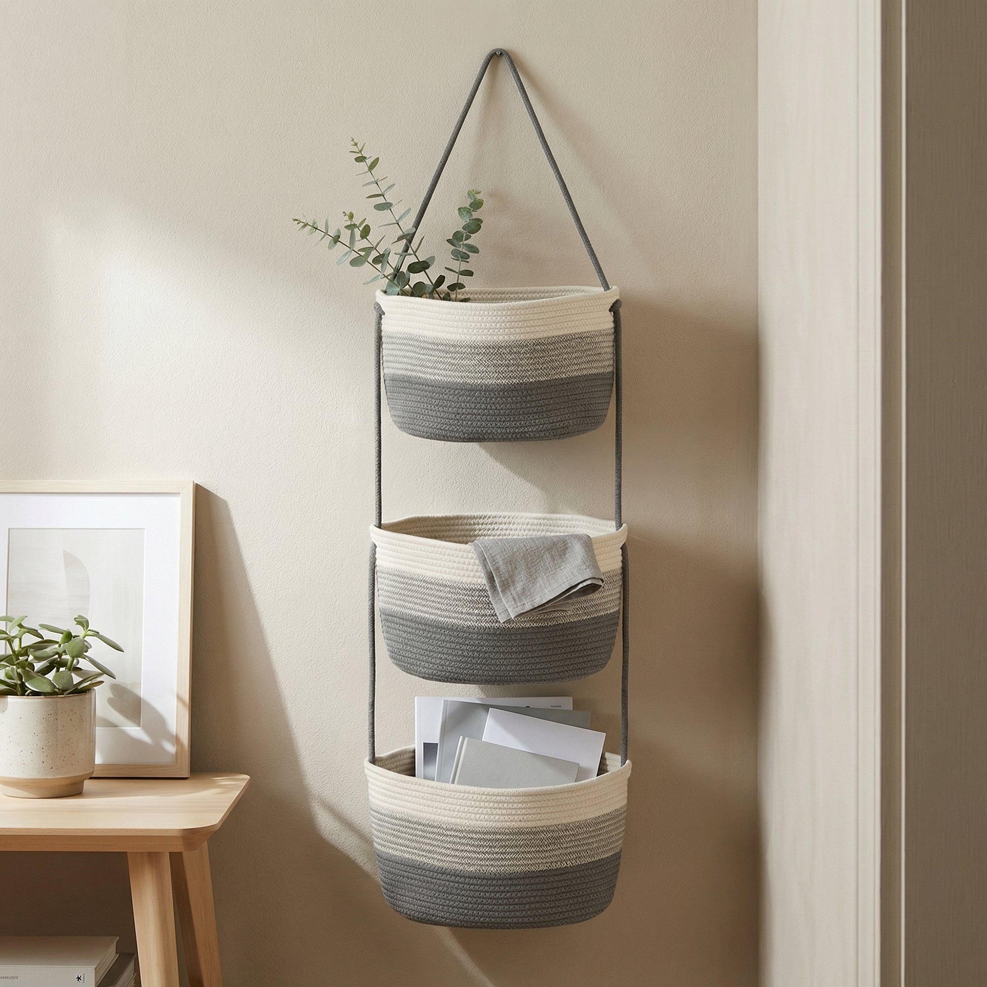 Anna-Kaci 3 Tier Hanging Storage Basket Cotton Rope Wall Organizer Neutral Space Saving Storage