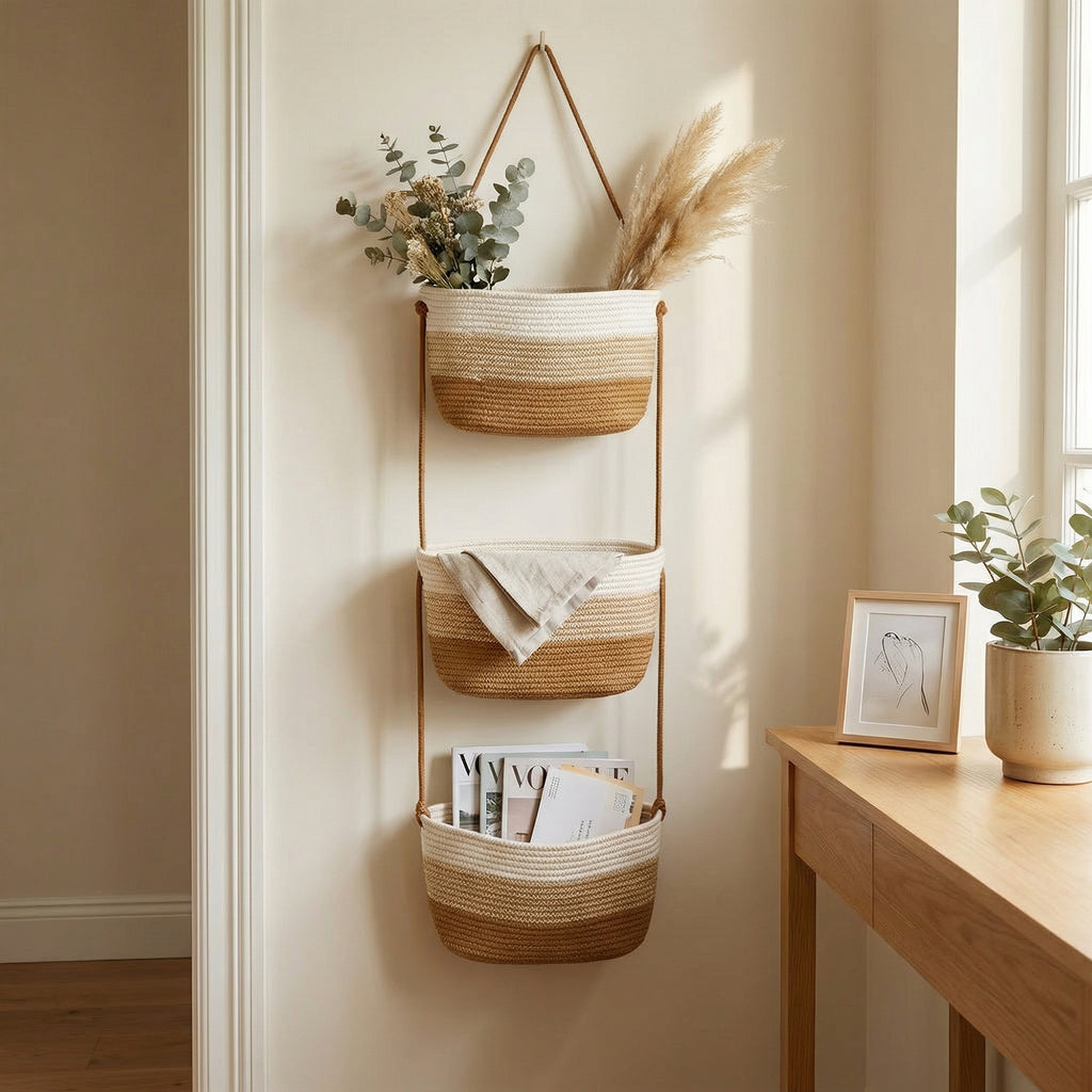 Anna-Kaci 3 Tier Hanging Storage Basket Cotton Rope Wall Organizer Neutral Space Saving Storage