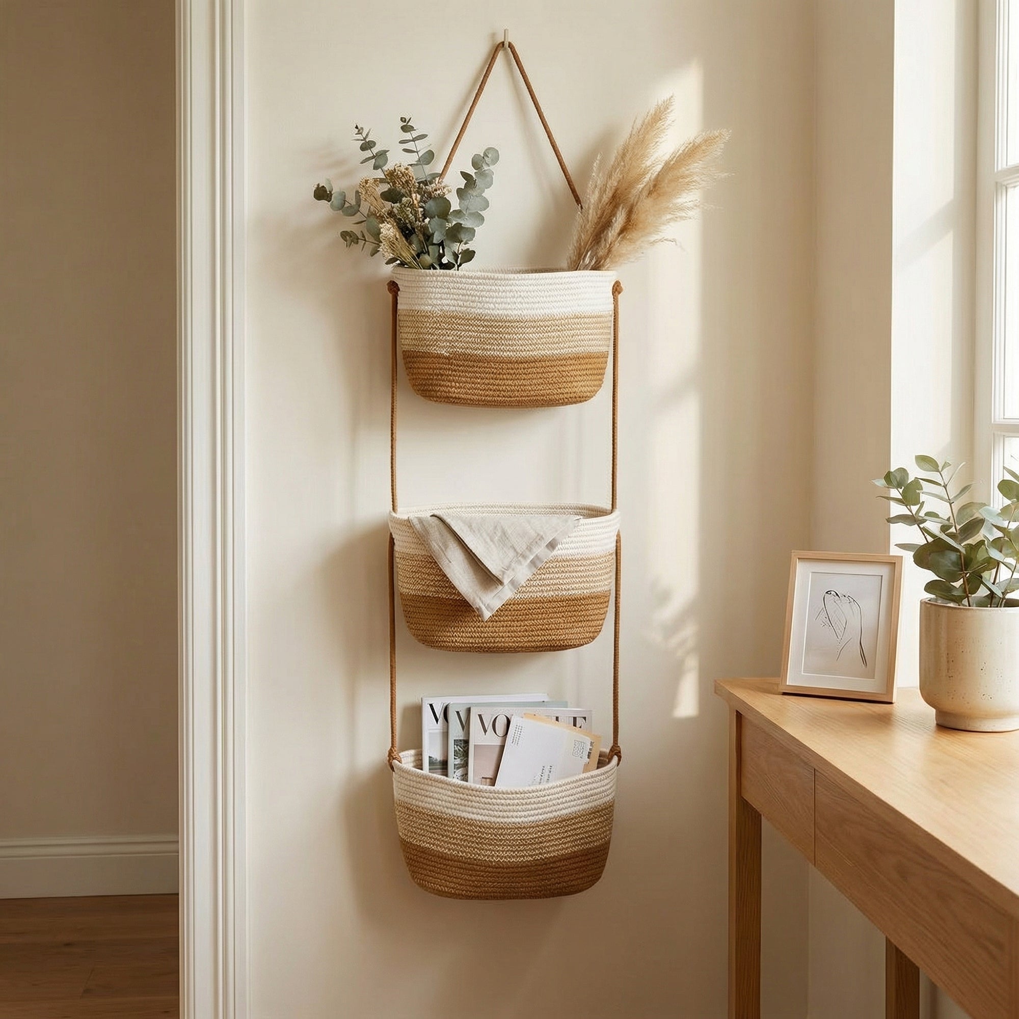 Anna-Kaci 3 Tier Hanging Storage Basket Cotton Rope Wall Organizer Neutral Space Saving Storage