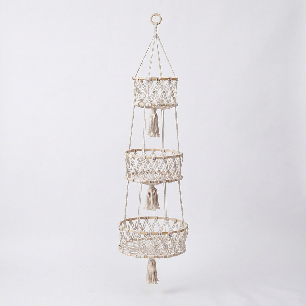 Anna-Kaci 3 Tier Macrame Hanging Storage Basket Cotton Rope Wall Organizer Boho Space Saving Storage