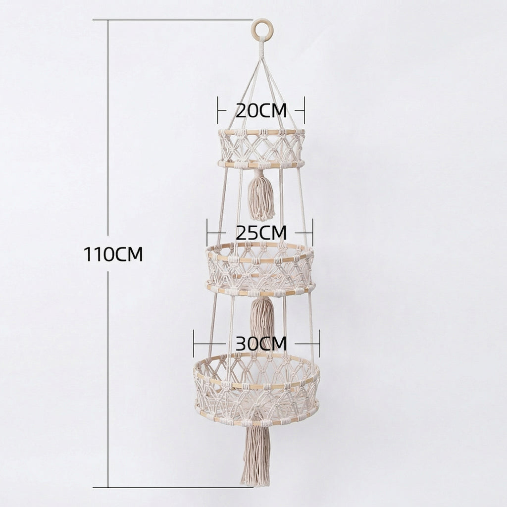 Anna-Kaci 3 Tier Macrame Hanging Storage Basket Cotton Rope Wall Organizer Boho Space Saving Storage