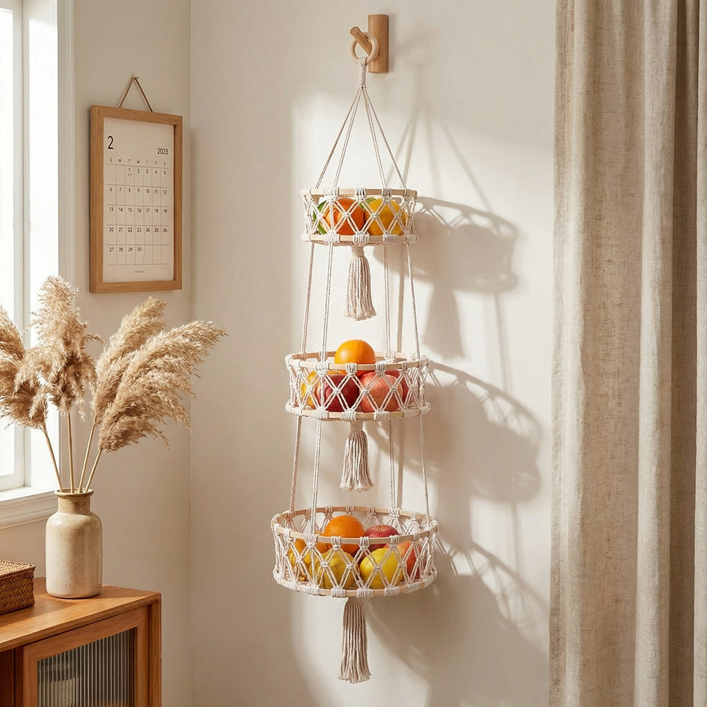 Anna-Kaci 3 Tier Macrame Hanging Storage Basket Cotton Rope Wall Organizer Boho Space Saving Storage