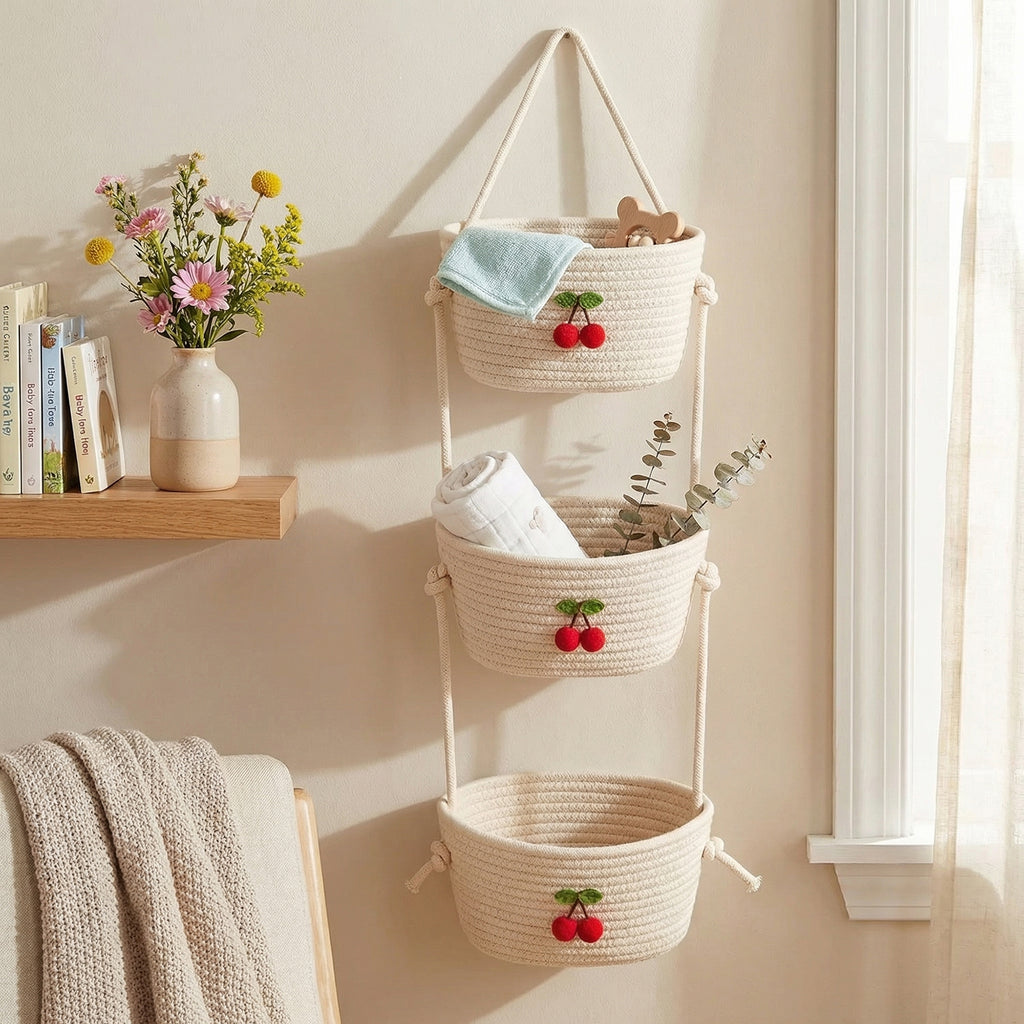 Anna-Kaci 3 Tier Hanging Wall Storage Basket Organizer Decorative Vertical Storage for Bedroom Kitchen
